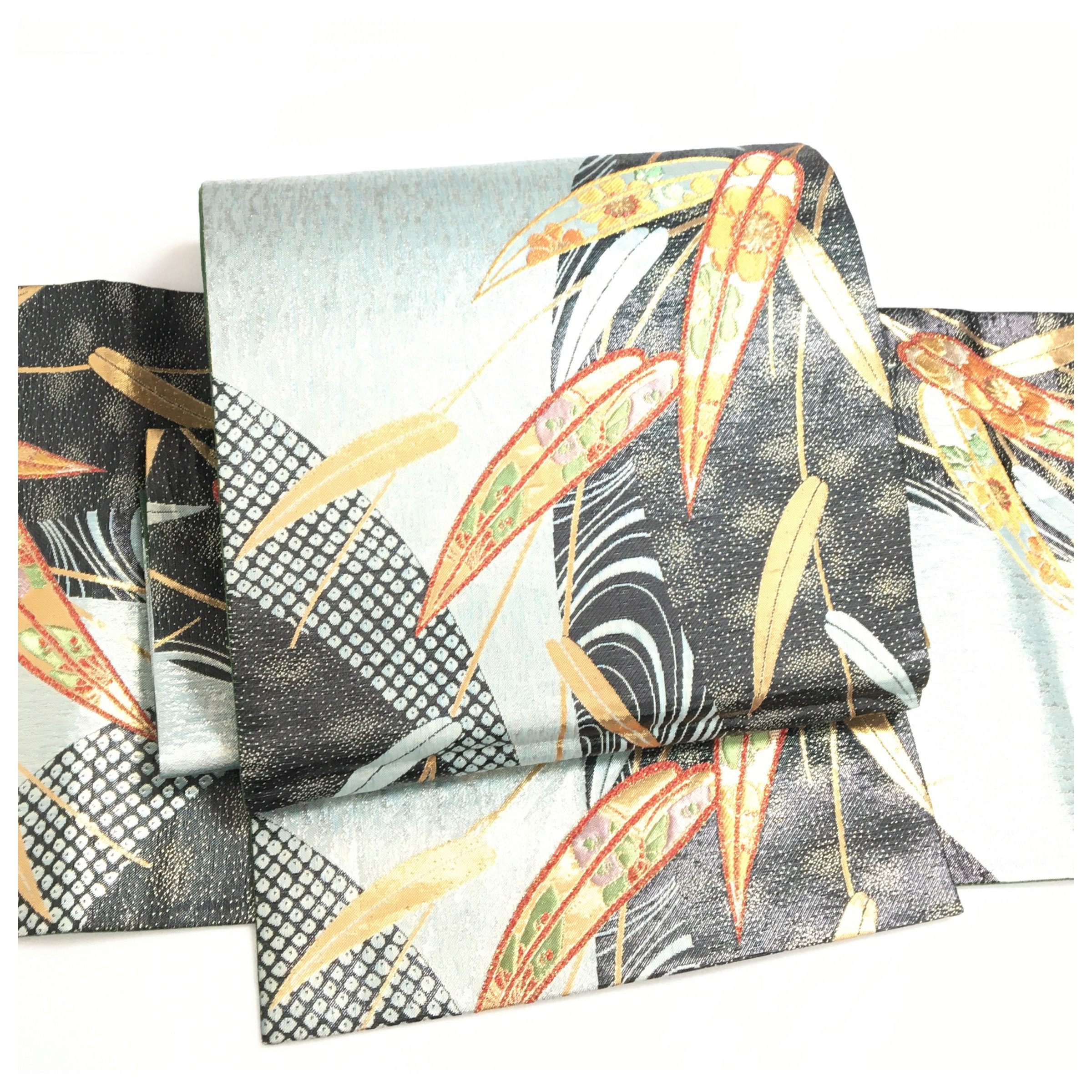 正絹　付け帯　笹柄　グリーンブラック　二部式　二重太鼓　作り帯