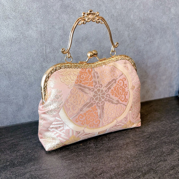 1点物本真珠加工帯！アンティーク口金♡格の高い濃密刺繍の最高級西陣帯地！人気の金通しモーブピンク系高級フォーマルバッグ 13枚目の画像