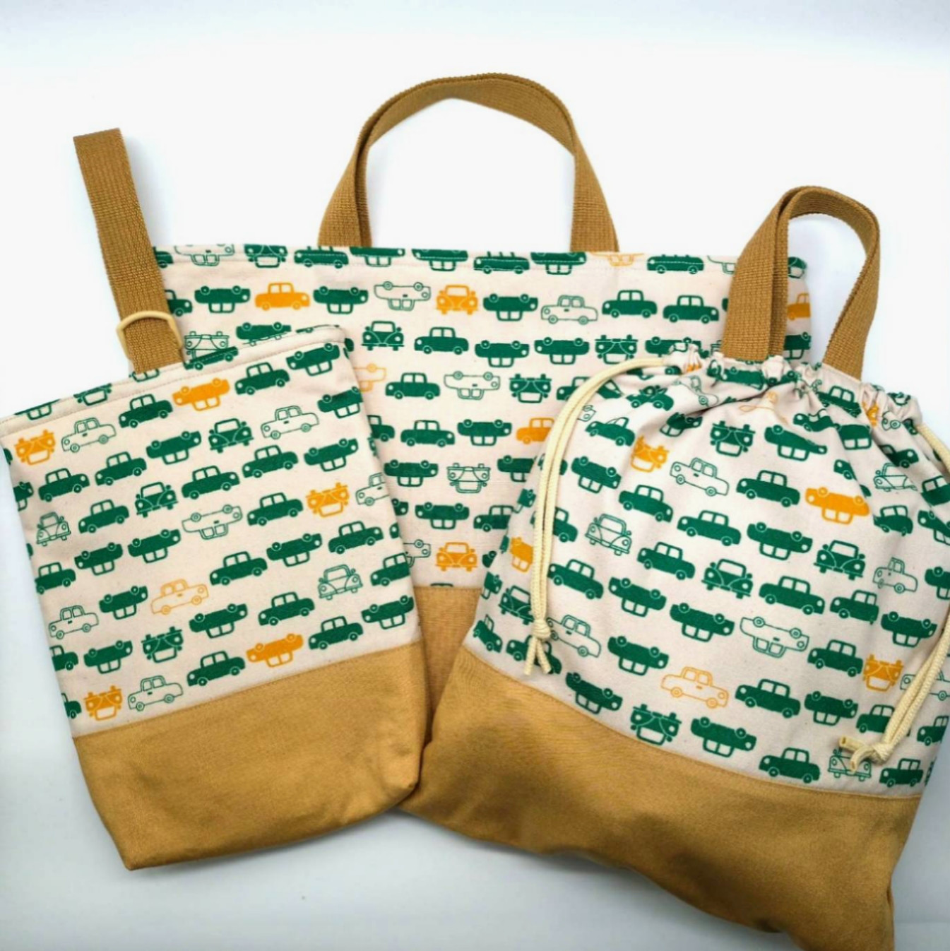 [裏地変更OK]シンプルな車 グリーン 裏地キルティング 入園入学3点セット