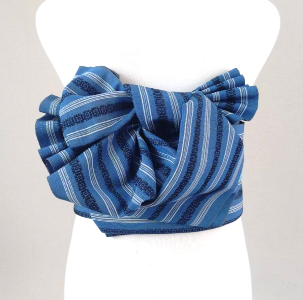 博多で変わり結び　一部式　作り帯付け帯　胴巻き～95㎝　交織　博多織　紺色