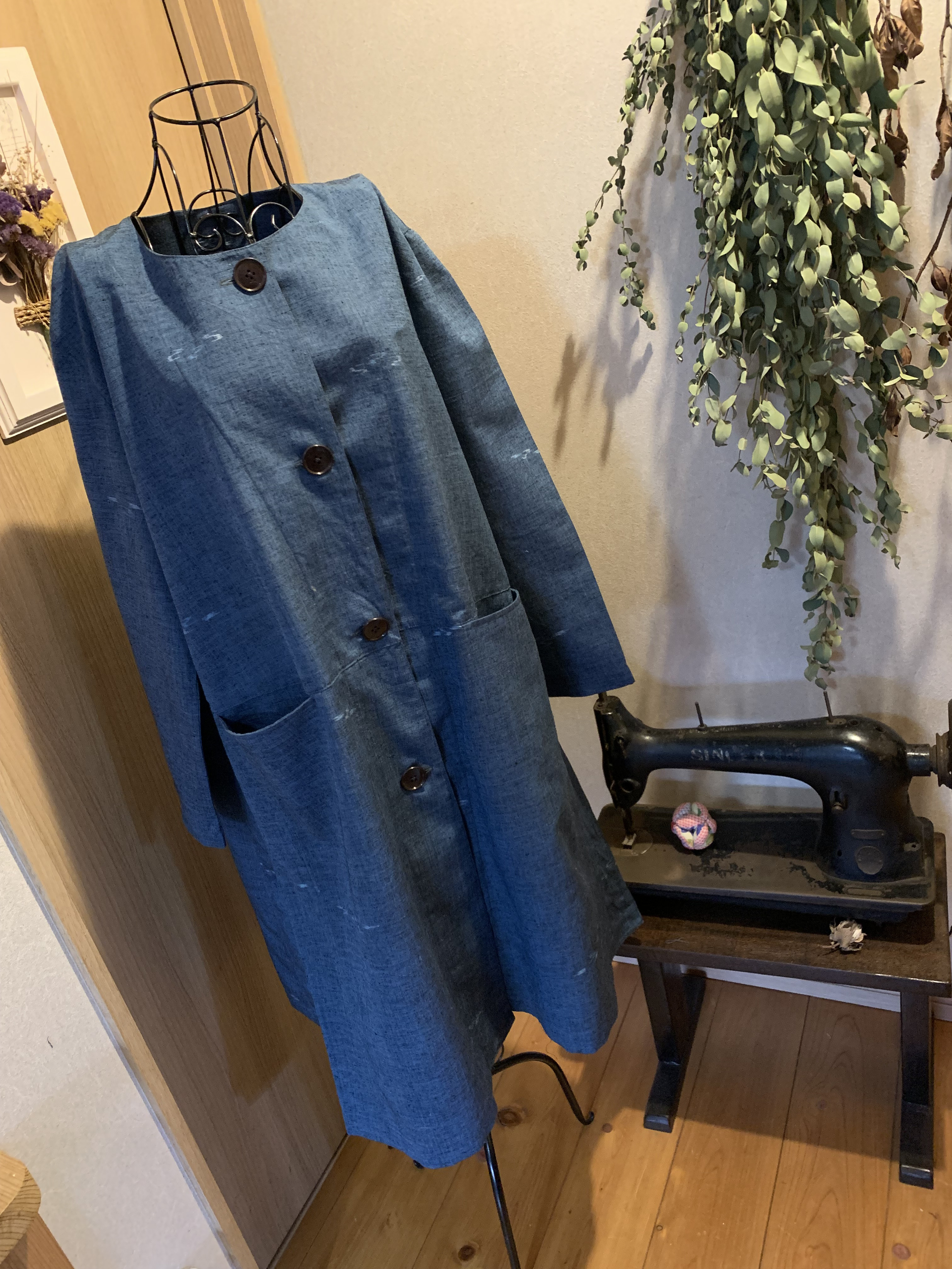 紬地で作ったＡラインコート／着物リメイク／オシャレコート／ＬからＬＬ