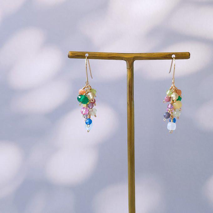 14KGF カラフル天然石のチェーンピアス イヤリング マルチカラー