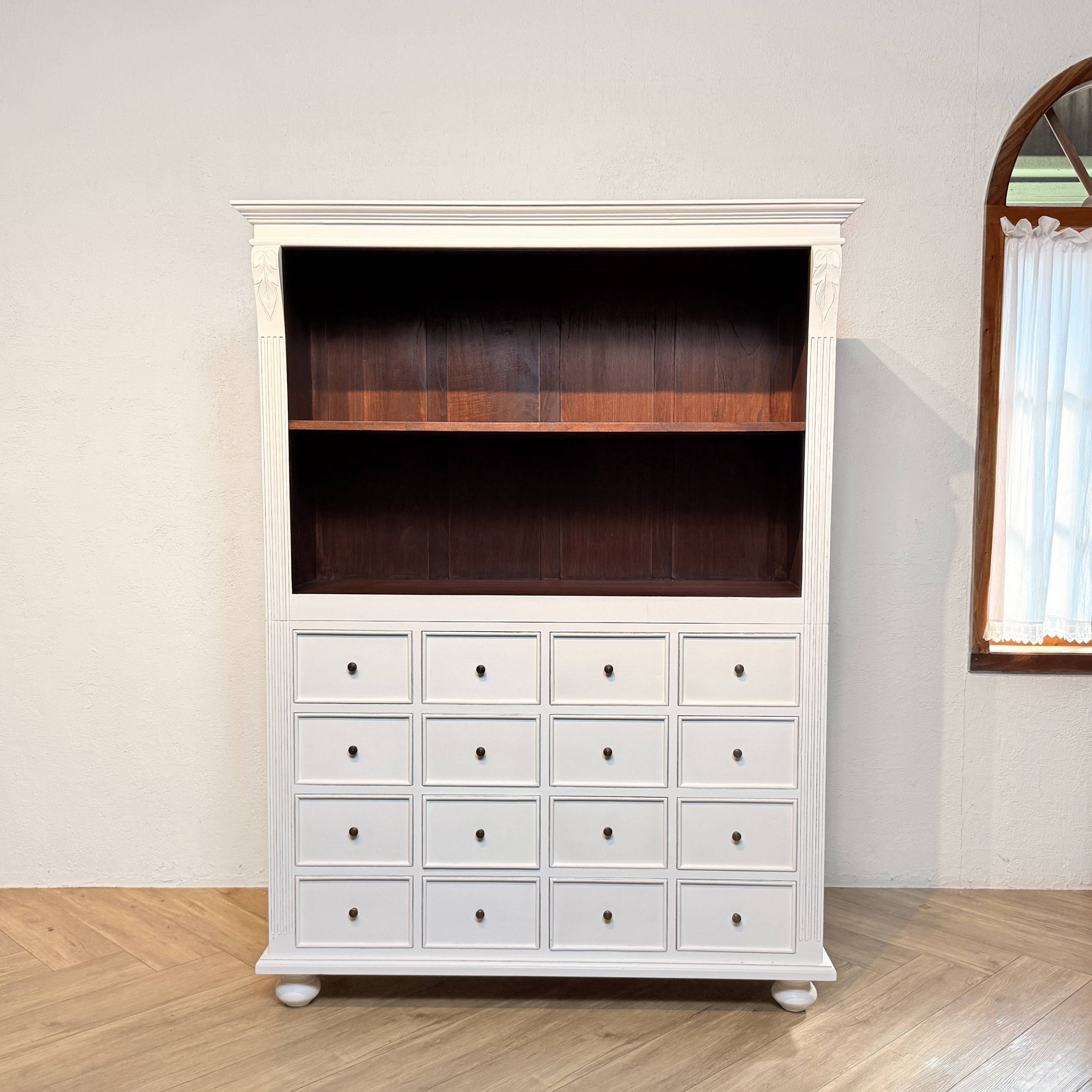 アンティーク調 無垢 フレンチシャビー ブックシェルフ ＆ 16杯ドロワーチェスト 店舗什器【ホワイトⅡ】 cab516