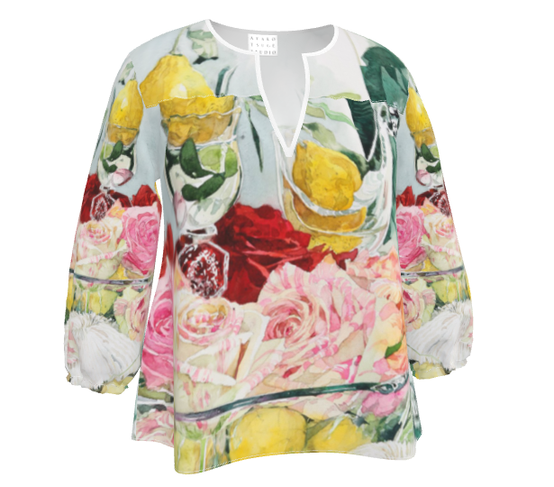 水彩フラワーブラウス　　レモンと薔薇　XXS～7XL