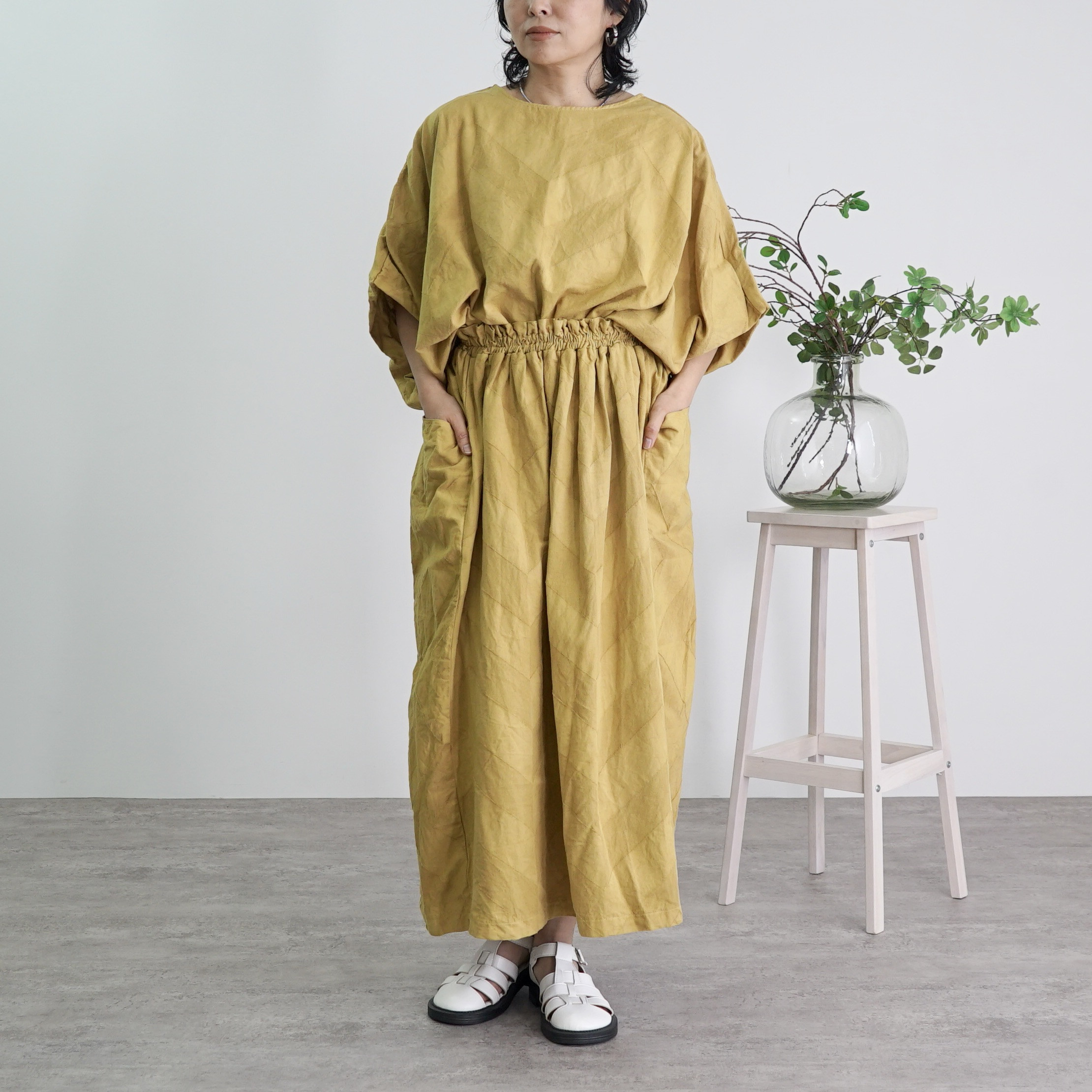 【セットアップ】ギザギザヤマTシャツ＋スカート/イエロー/ジャガード三河織物