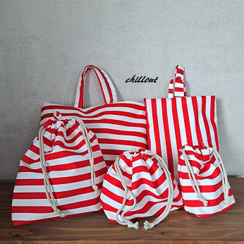 【入園・入学】入園バッグ５点セット：ストライプレッド【0674】