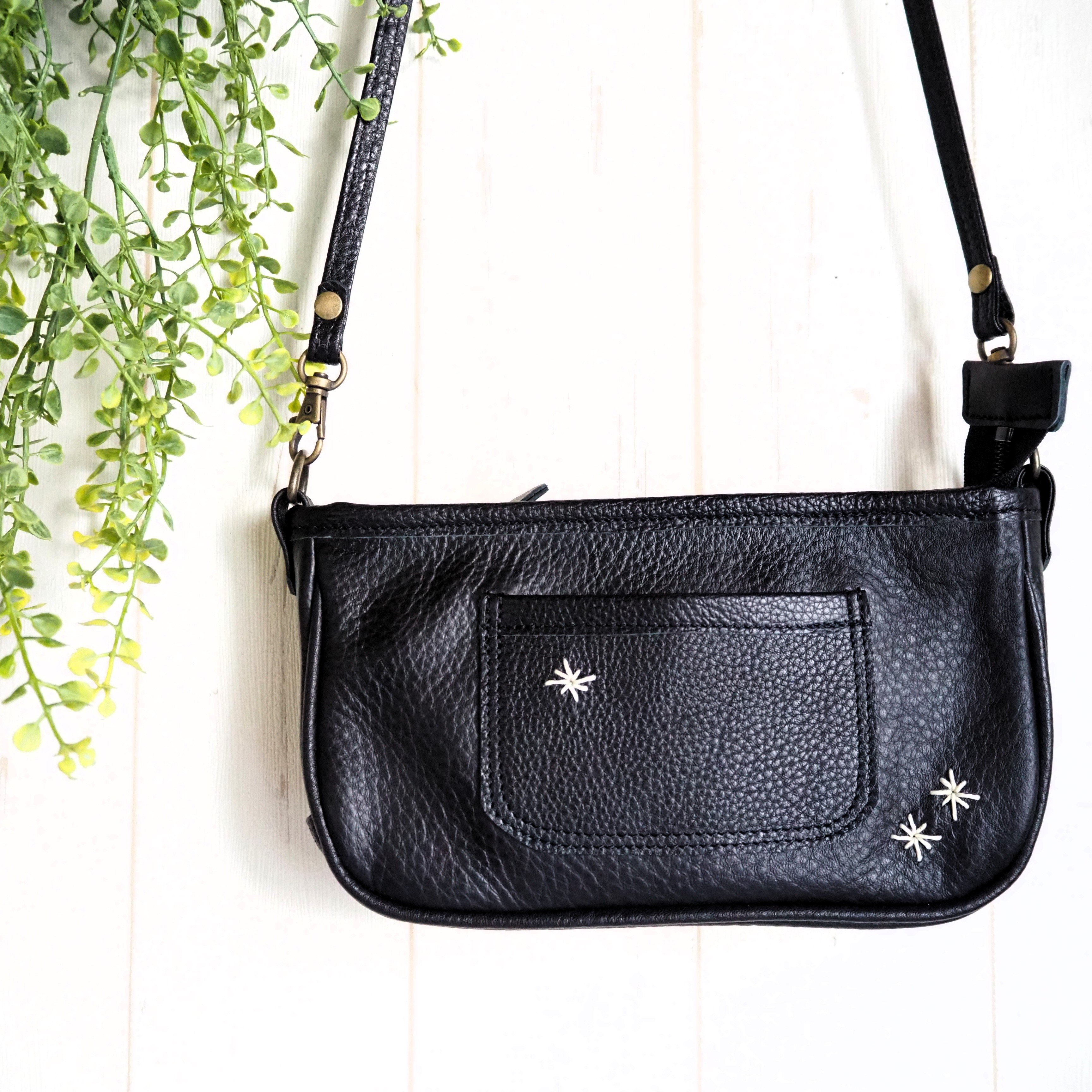 スマホショルダー　フラワーステッチ・ダリア　ブラック　本革　手縫い　即納