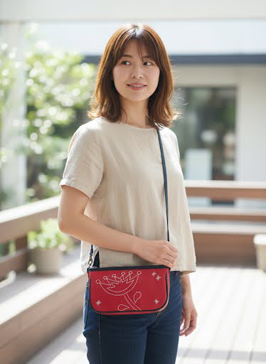 スマホショルダー　フラワーステッチ・ダリア　ブラック　本革　手縫い　即納