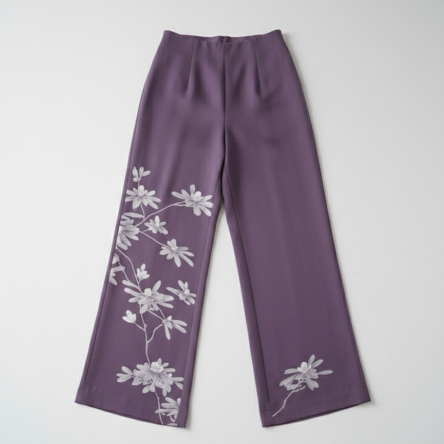 【着物リメイク】ストレートレッグパンツ 紫エーデルワイス柄