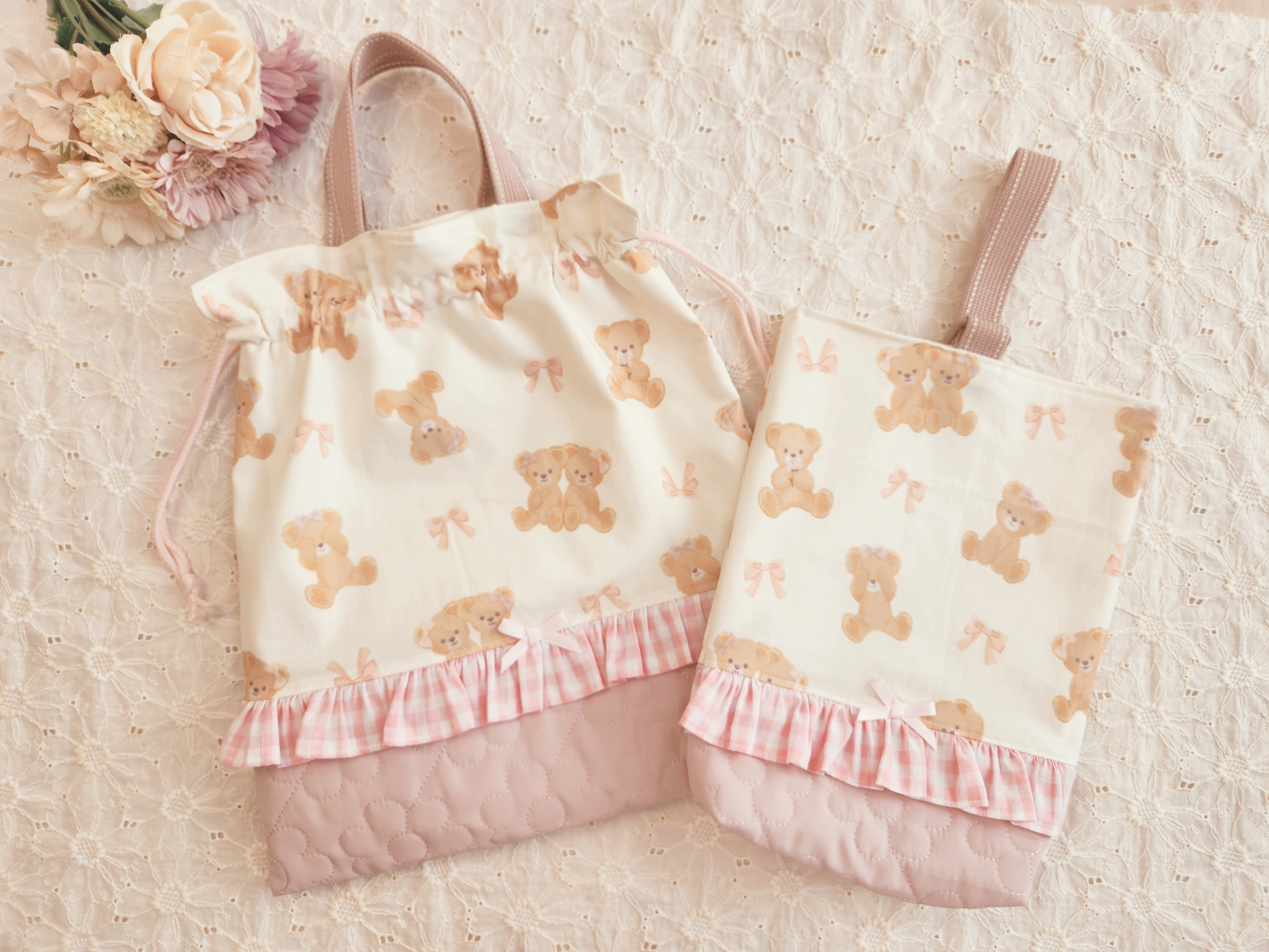 入園セット 入学セット 女の子 お着替え袋 体操服袋 上履き袋 靴袋 巾着袋 テディベア くま模様 くま柄