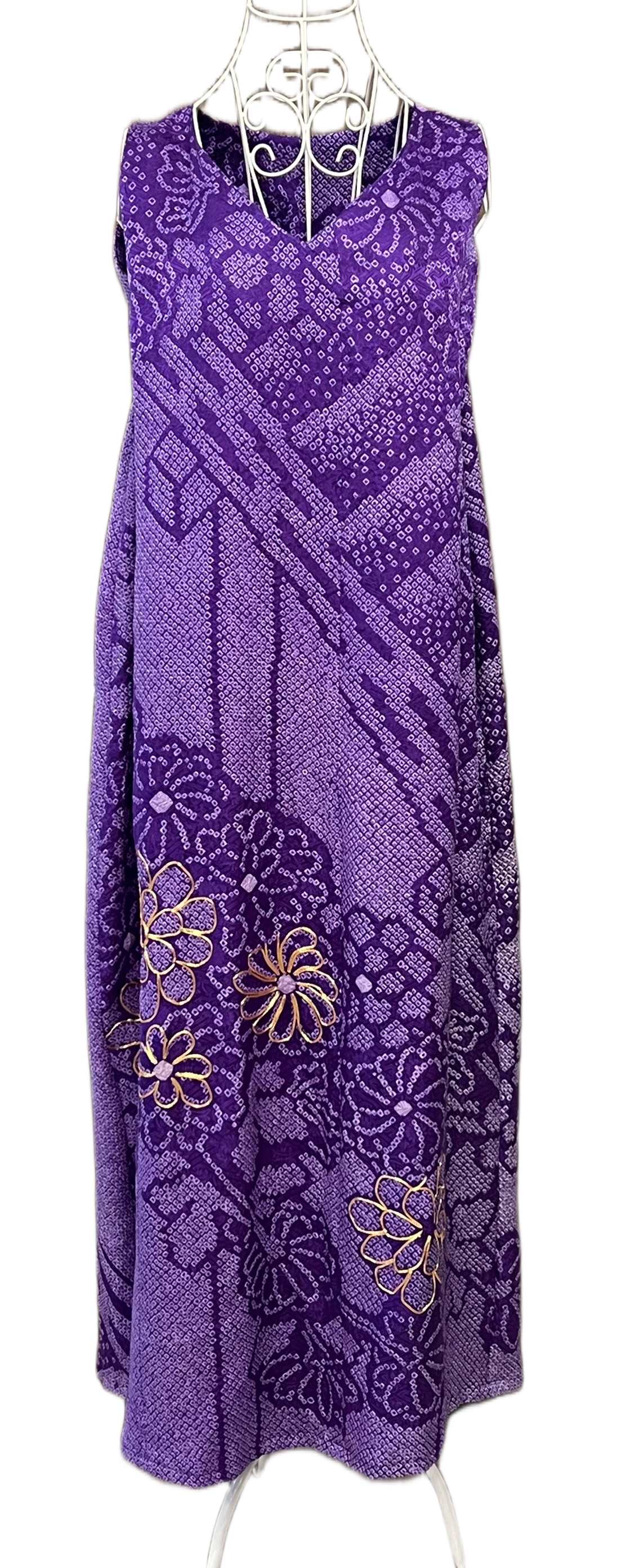 【一点物】紫総絞り訪問着リメイク｜2wayロングワンピースドレス｜ゴムベルト付・フリーサイズ