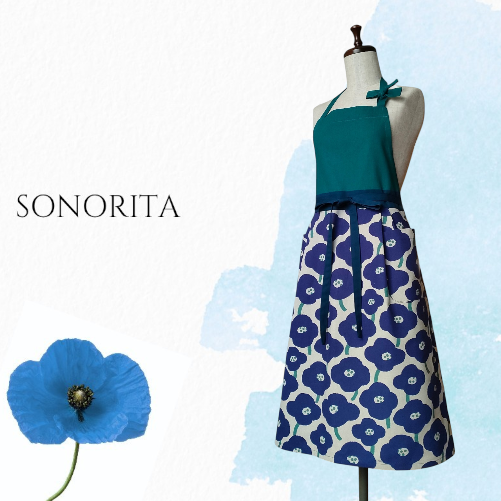 【北欧風ポピープリント 大人ナチュラルエプロン】ブルー