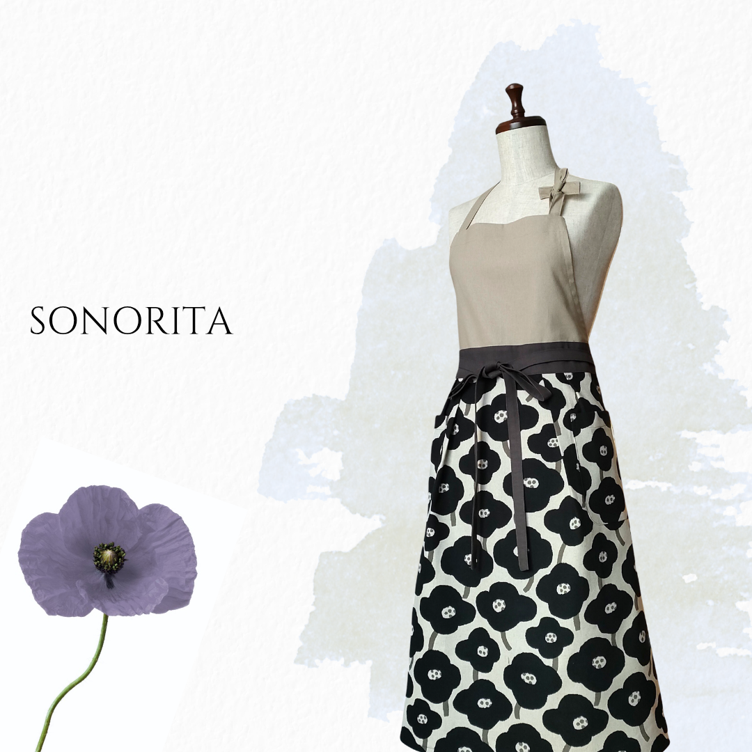 【北欧風ポピープリント 大人ナチュラルエプロン】ブラック