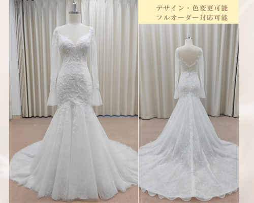 Vネック マーメイドドレス 花モチーフ レース ウェディングドレス