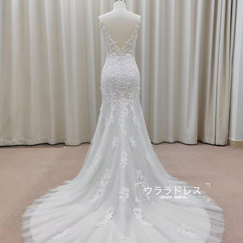 Vネック マーメイドドレス 花モチーフ レース ウェディングドレス