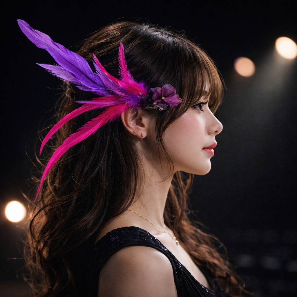 舞台に灯る紫の羽根　ヘッドコサージュ　ステージ　バレッタ
