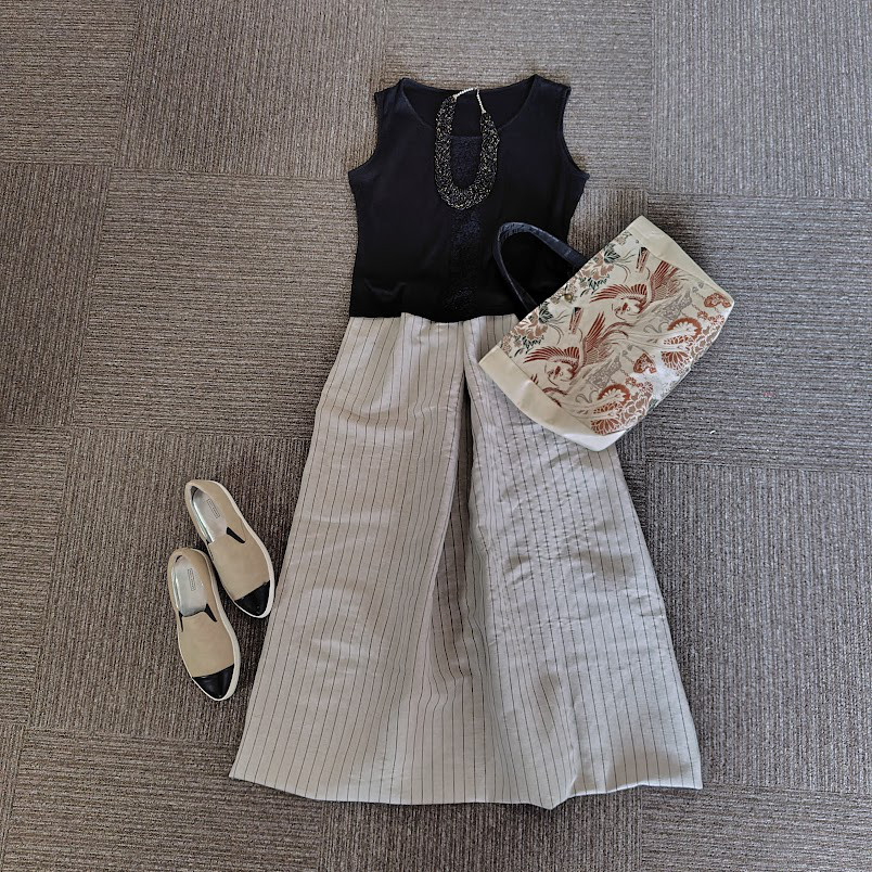 ★丈85㎝まで★リネン100%★ギャザースカート★ピンストライプ★ベージュX黒★裏地なし★受注製作★