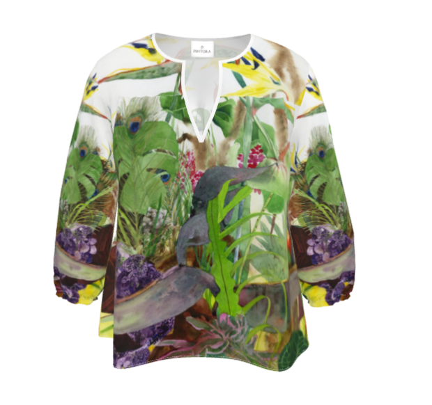 水彩フラワーブラウス　　極楽鳥花　XXS～7XL