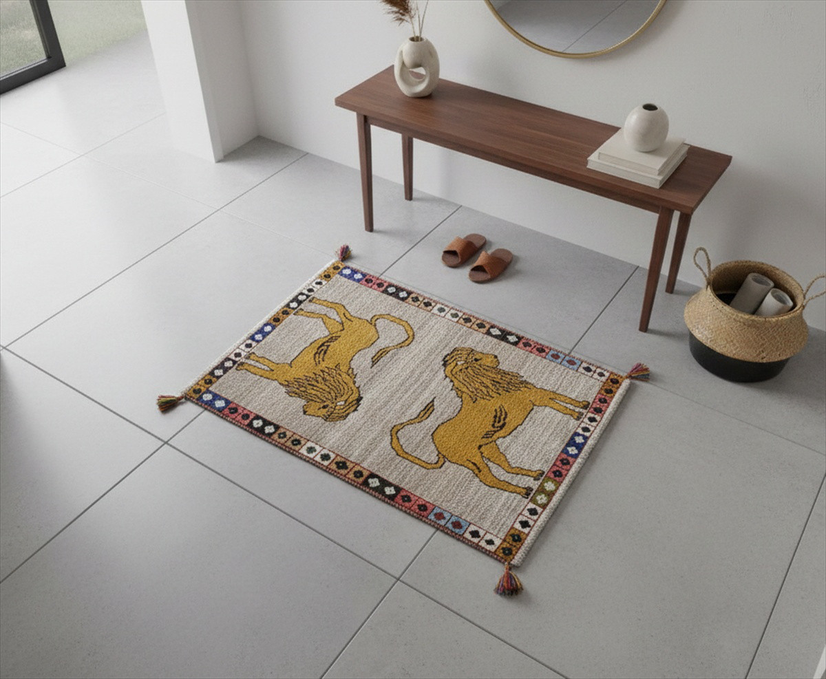 ペルシャ ライオン　ギャッベ　オールドギャッベ　アマレバフト　ラグ　90x63cm　2匹のライオン　RJ12724
