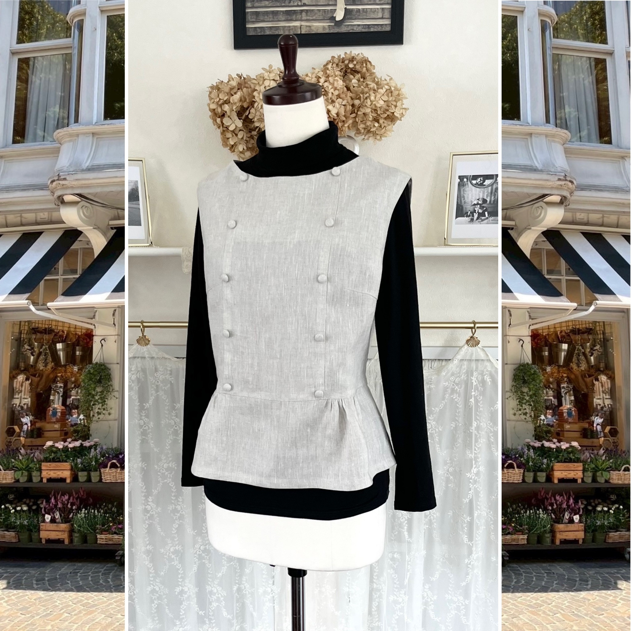 リネンのノースリーブ・ギャザーブラウス『ナチュラルカラー・生成り・重ね着・後ろファスナー・1点のみ』