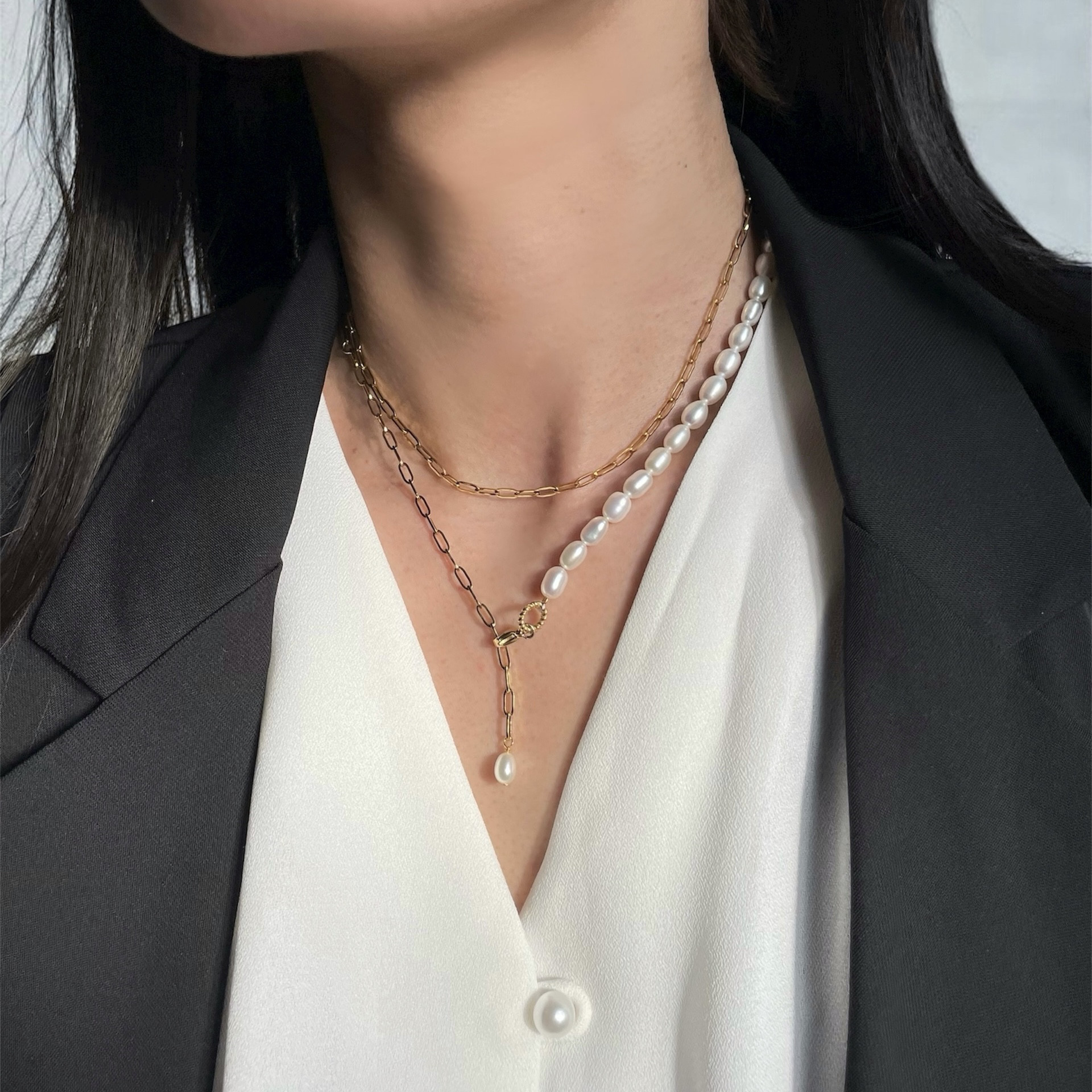 これ1本で大丈夫◆変幻自在7way◆大人の 淡水パール ×オーバルチェーンネックレス/フォーマル/オケージョン