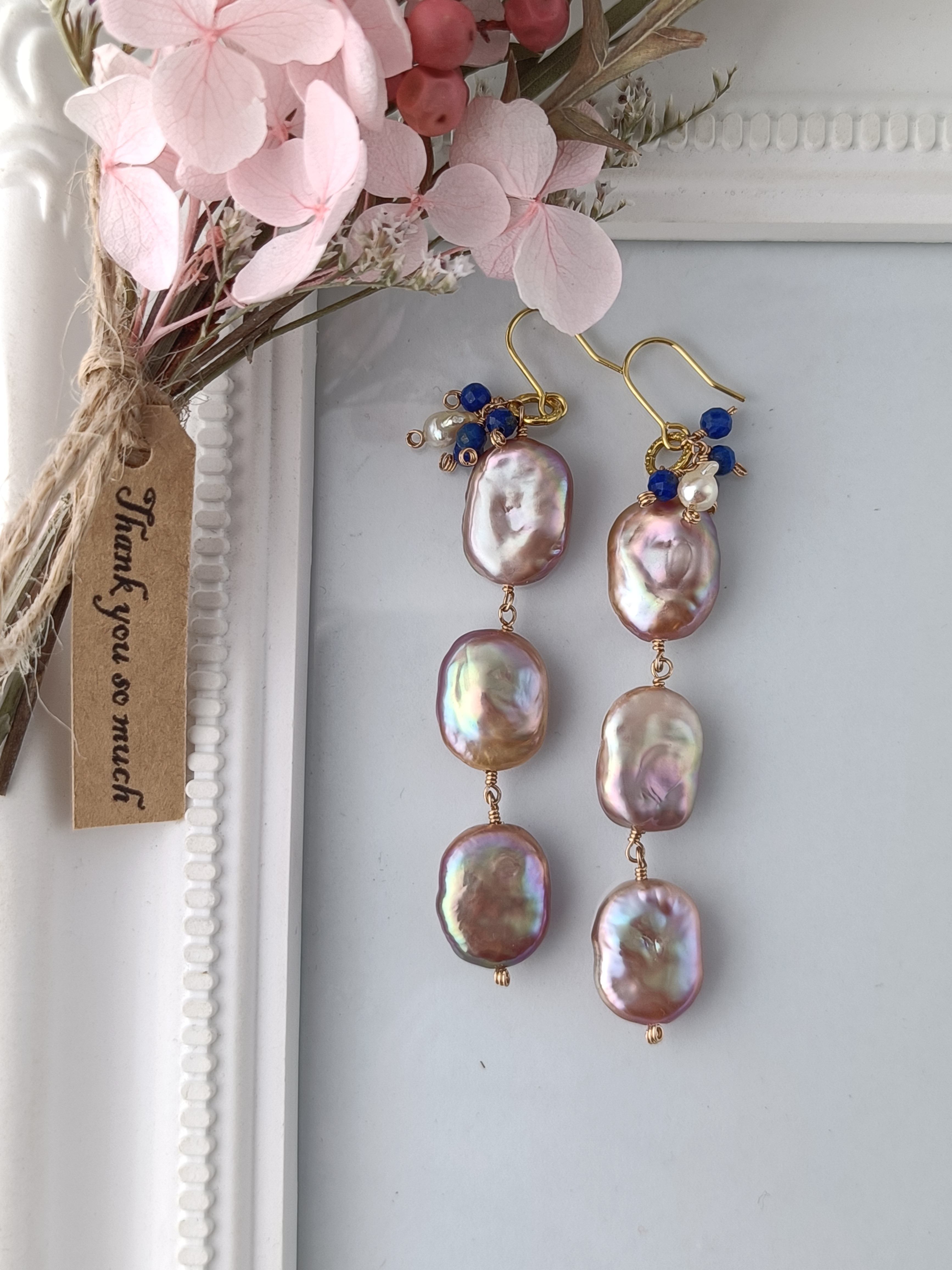 【周年記念特価/1点限定】６月誕生石　ナチュラルパール　あこや真珠　ロング耳飾り