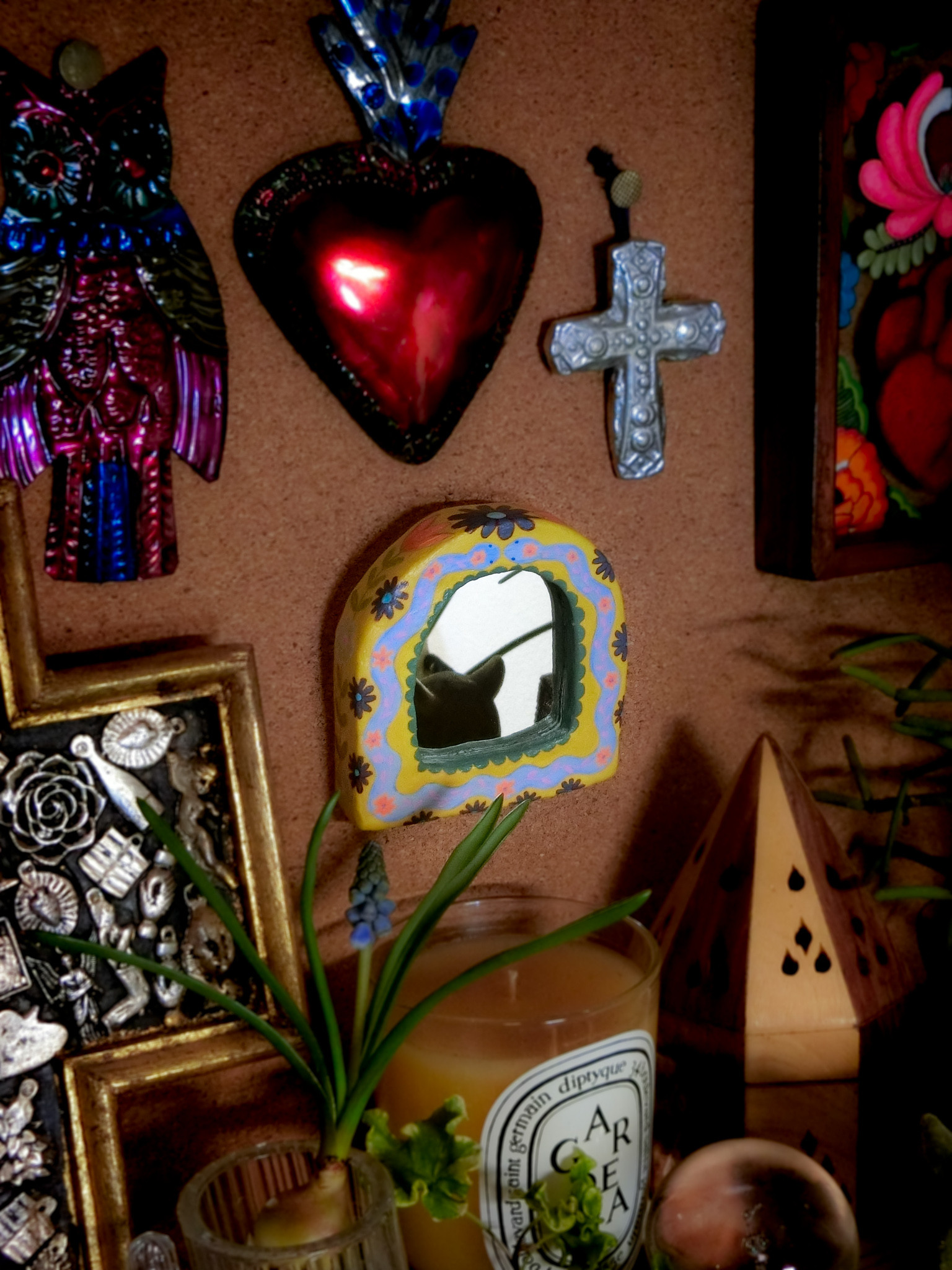 花とヘビさんの鏡　〜アール型〜【一点もの】