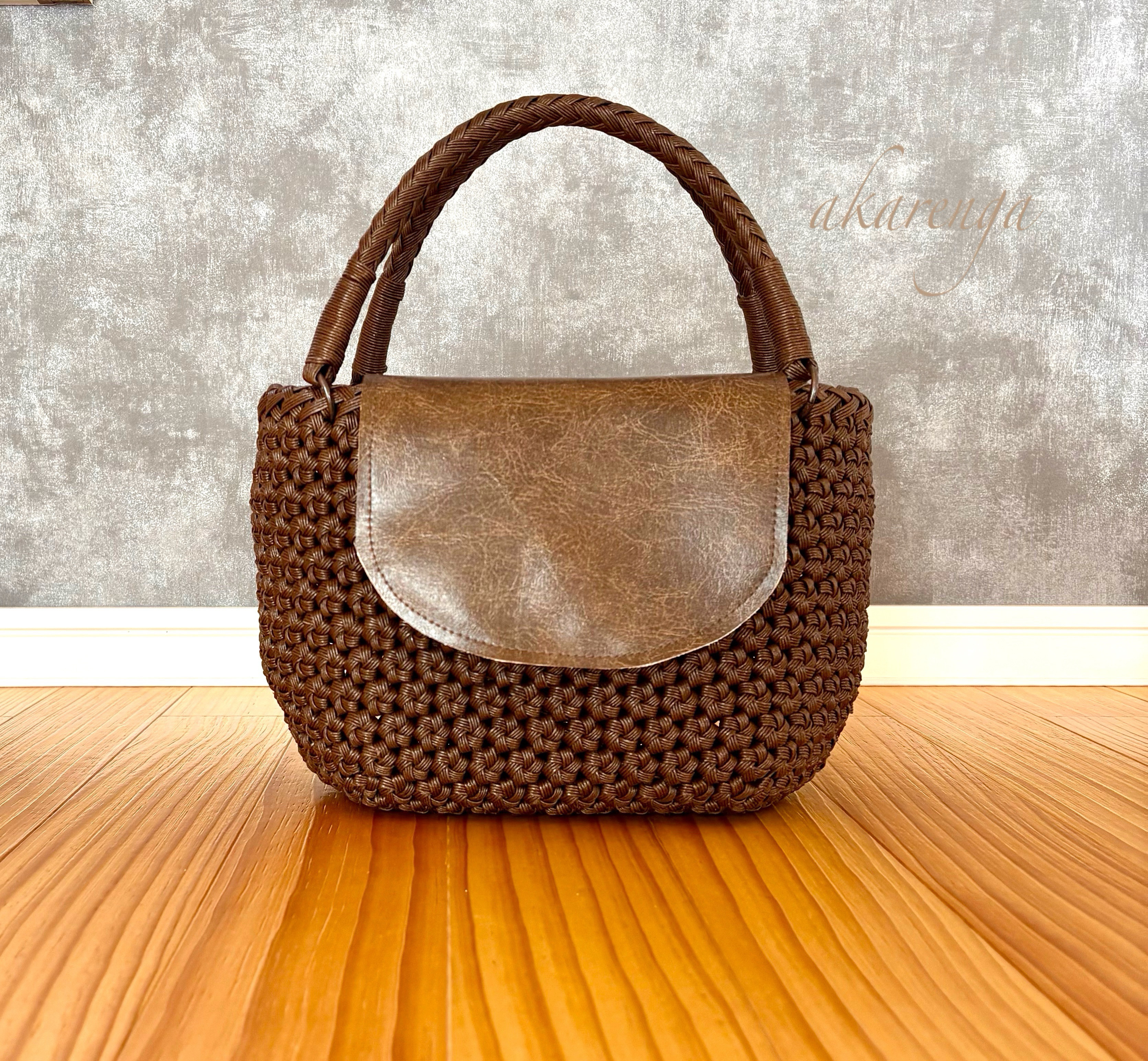 《受注制作》花むすび編みのかごバッグ カバー付き　（こげ茶）