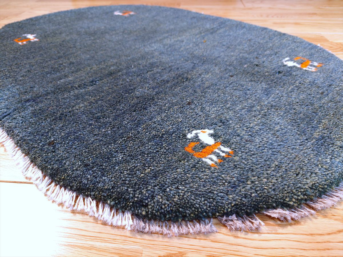 ペルシャ　ギャッベ　楕円形　小判型　玄関マット　ラグ　87Φ60㎝　濃い緑色　RJ12595