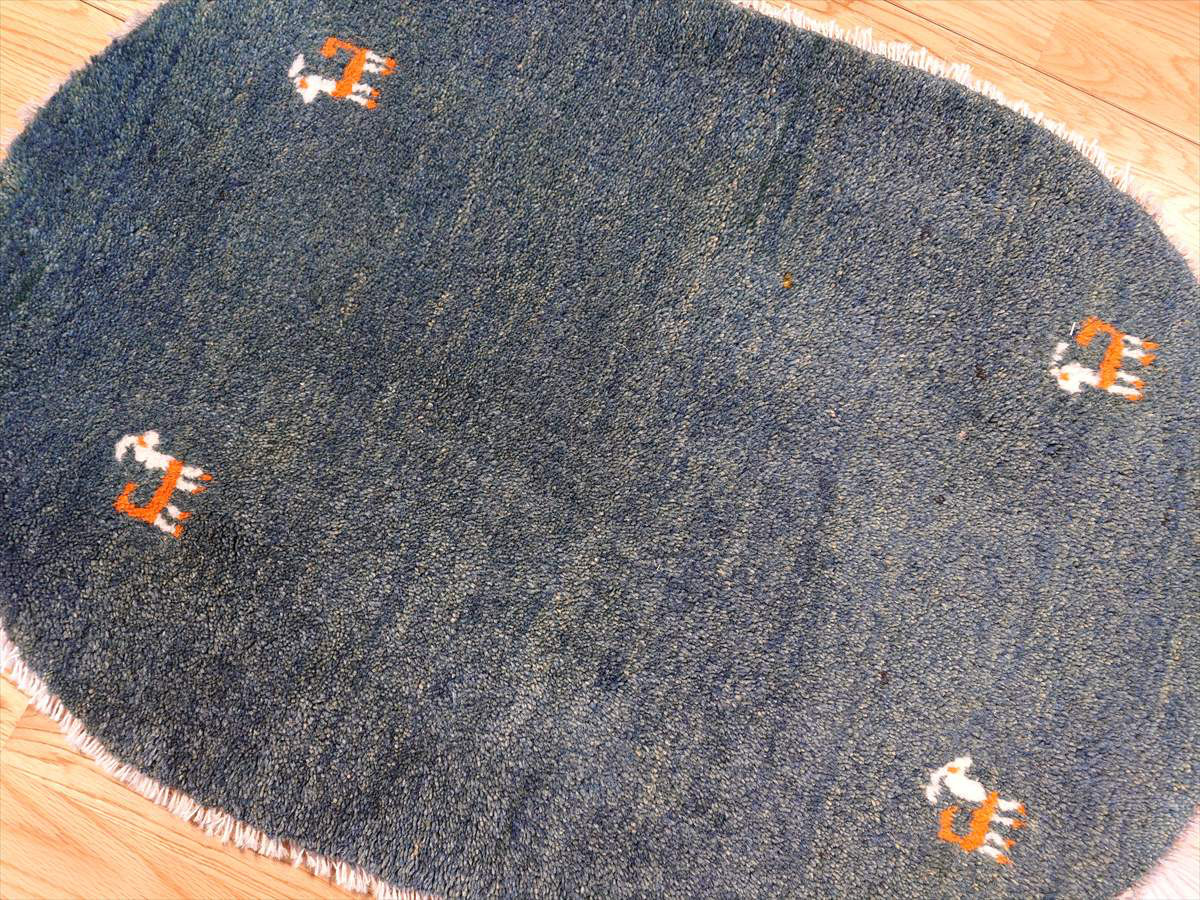 ペルシャ　ギャッベ　楕円形　小判型　玄関マット　ラグ　87Φ60㎝　濃い緑色　RJ12595