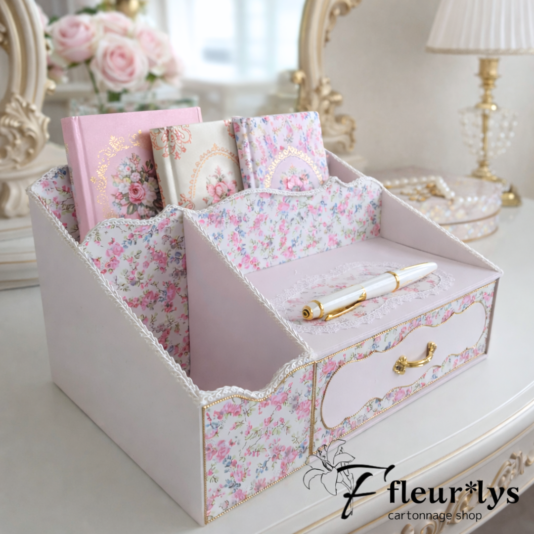 リバティ花柄の引き出し付きデスク収納｜カルトナージュ｜ペン立て・小物入れ・文具収納