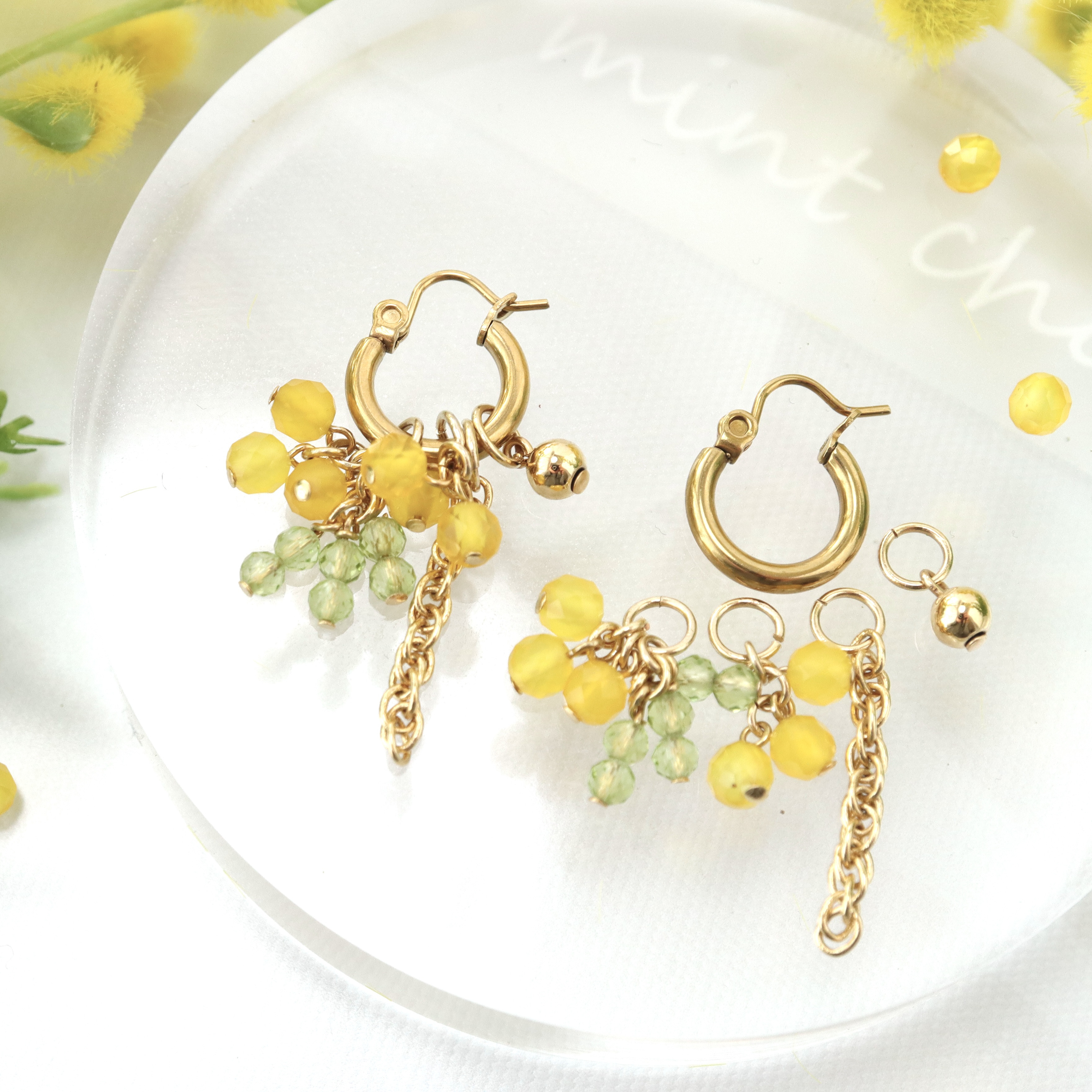 ✺早割･春の福袋✺春色ミモザカラー 4種類のチャーム付✶フープピアスセット･イヤリング サージカルステンレス 14kgf
