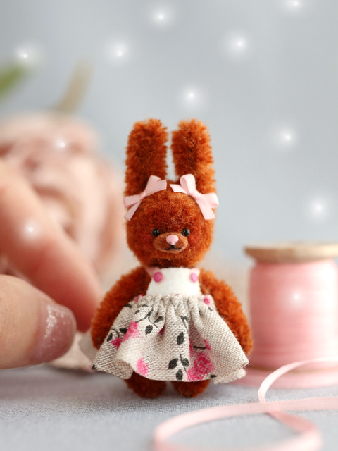 おしゃれうさぎ ピンクリボン オレンジブラウン ミニチュア テディベア ドール