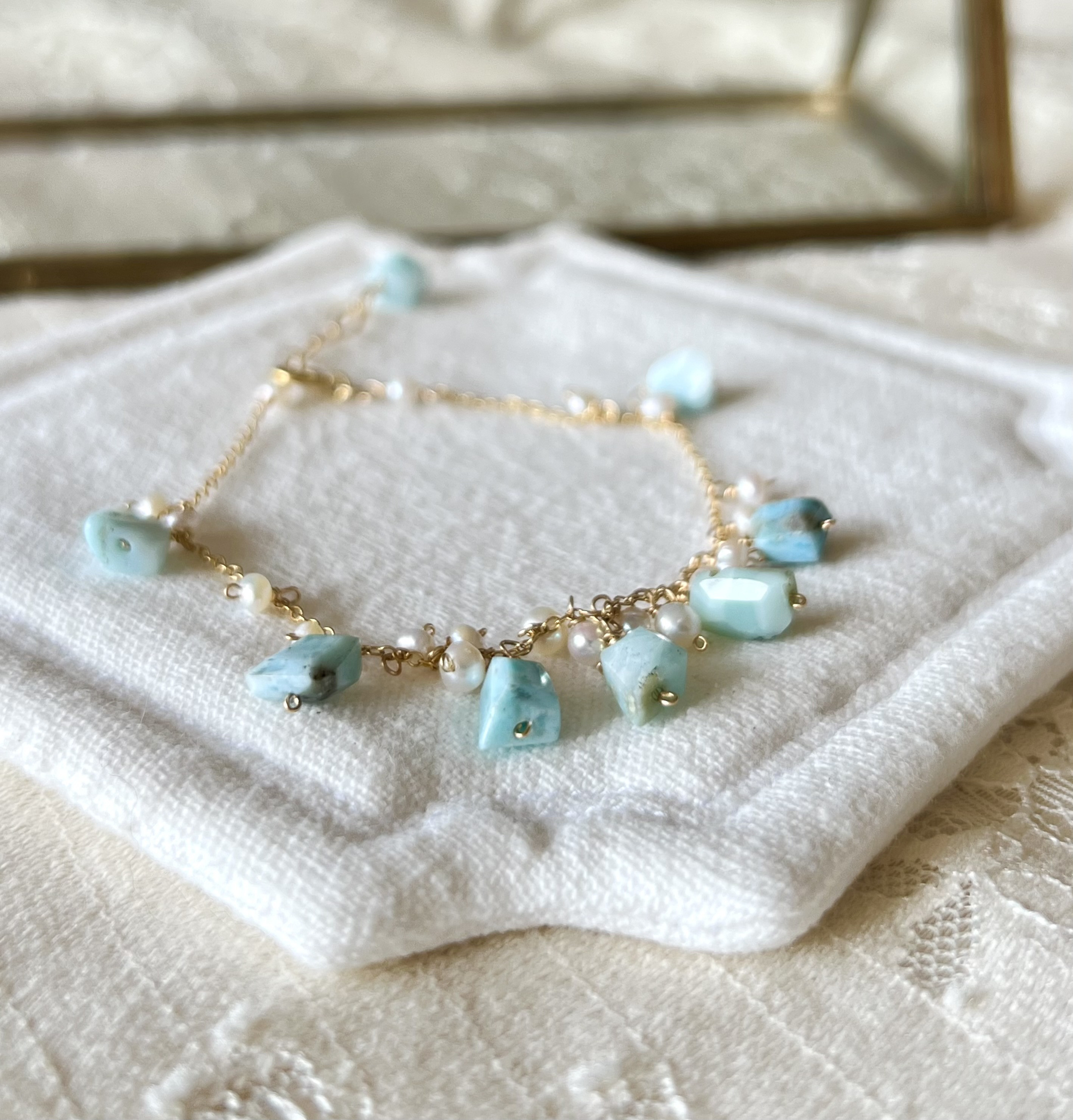 フリンジブレスレット【ラリマー＆淡水パール】14kgf