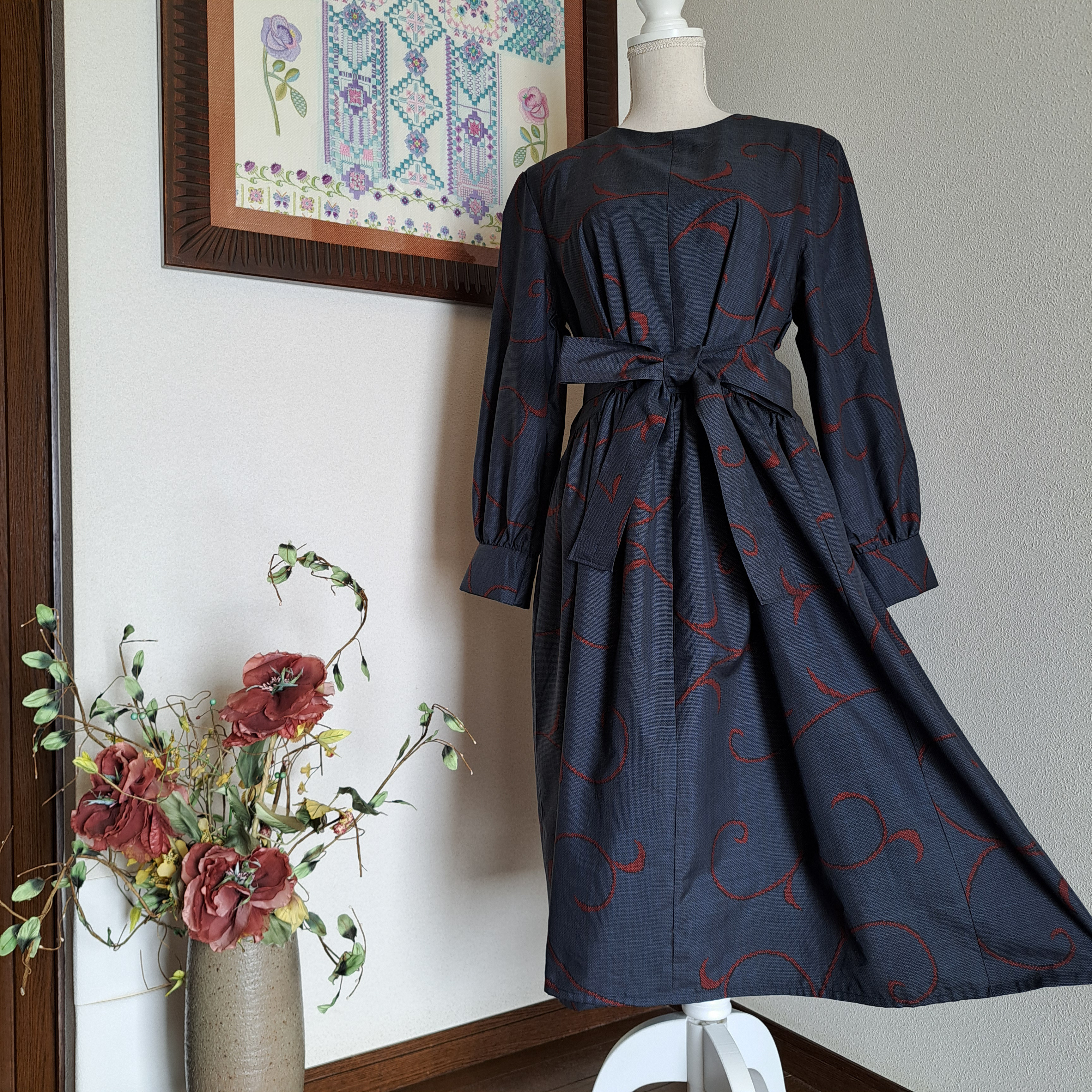 ★　 着物リメイク/本場大島紬/一点もの/正絹/長袖/ギャザーワンピ―ス　★