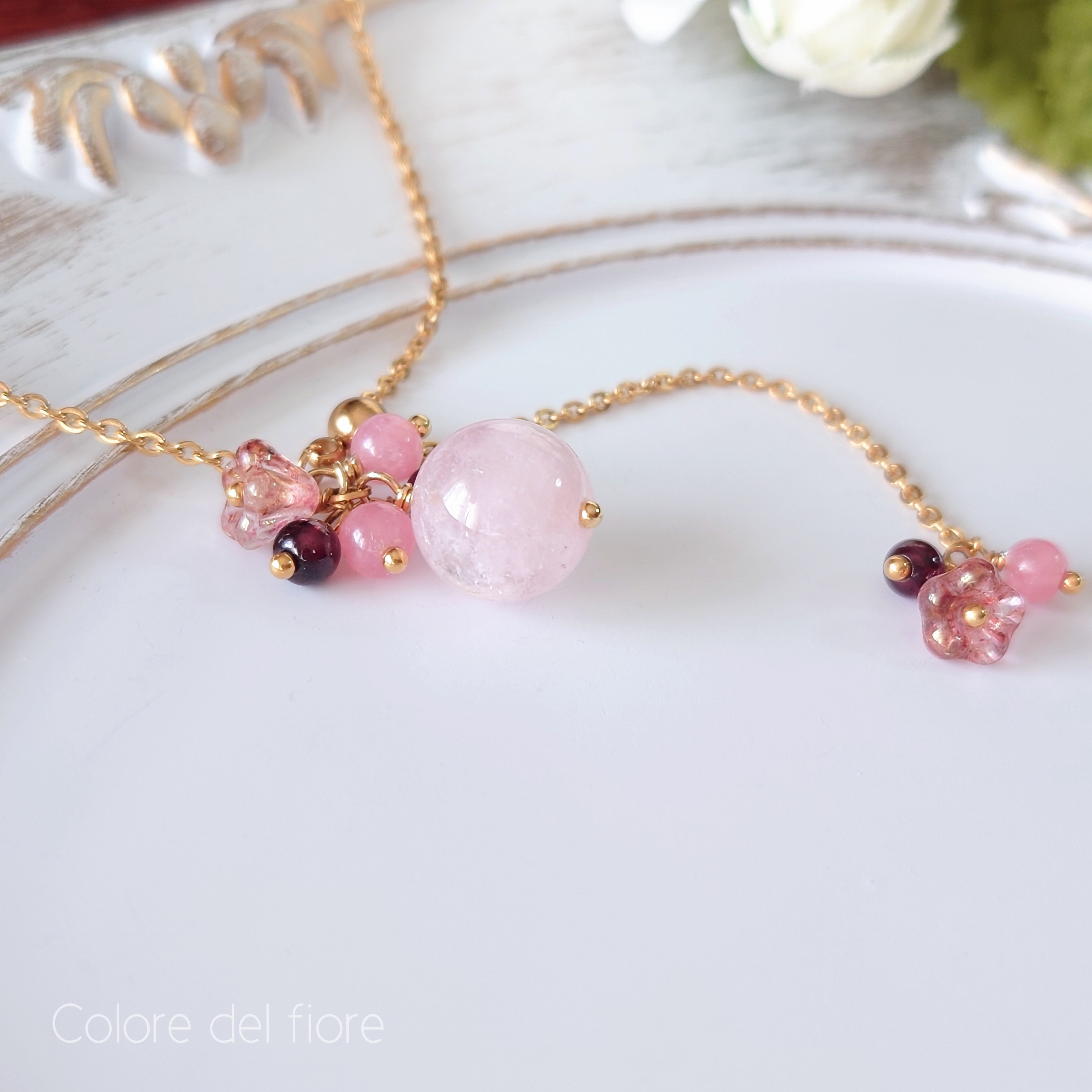 SUS316L✥モルガナイトとお花ꕥとインカローズ*ガーネットのロングネックレス Y字✥アレルギー対応