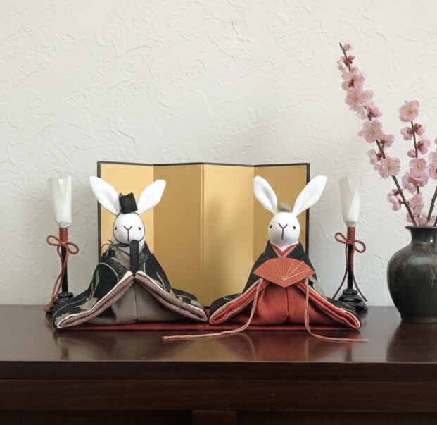 大きなサイズ　渋めの兎柄のお着物のうさぎの雛人形 (ひな人形、雛人形、お雛様)