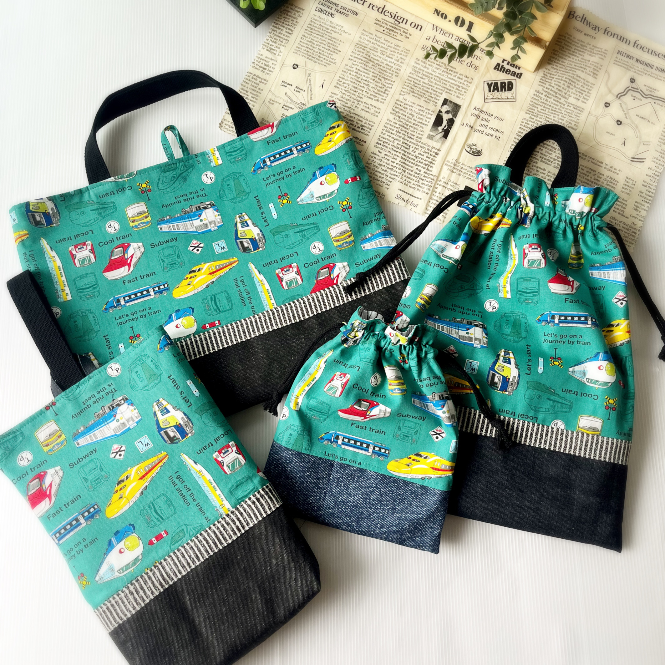 新生活応援価格！と〜ってもお得な入園入学セット★新幹線（グリーン）！レッスンバッグ体操服袋上履き入れきんちゃくまとめ売り