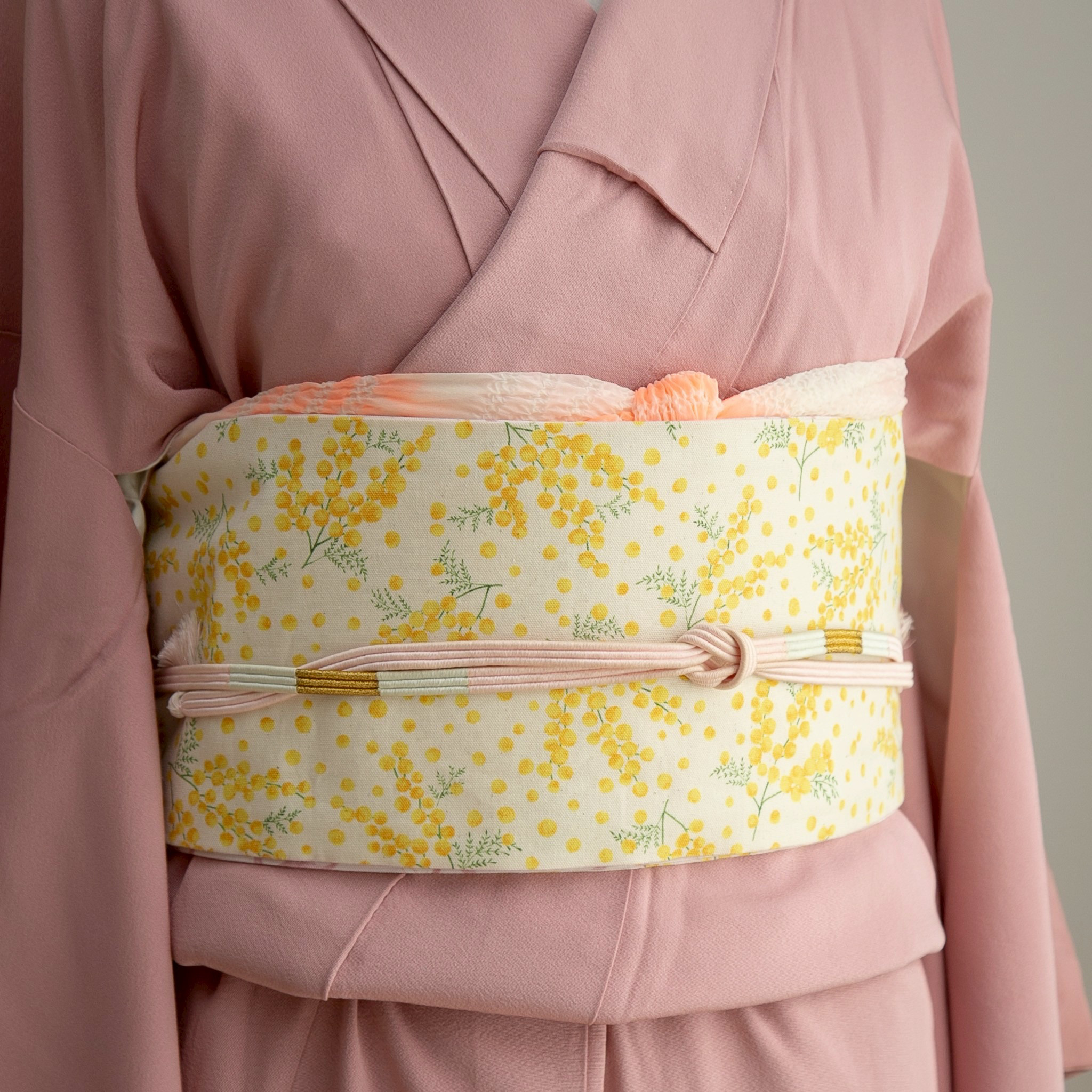 ミモザとリボンのメルヘン半幅帯