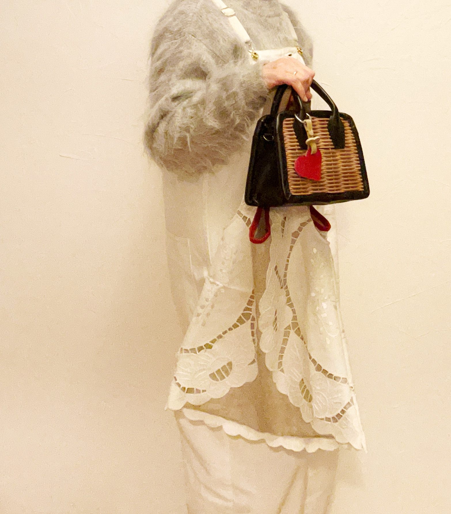 即納品　ビンテージレース＆麻のバッグ