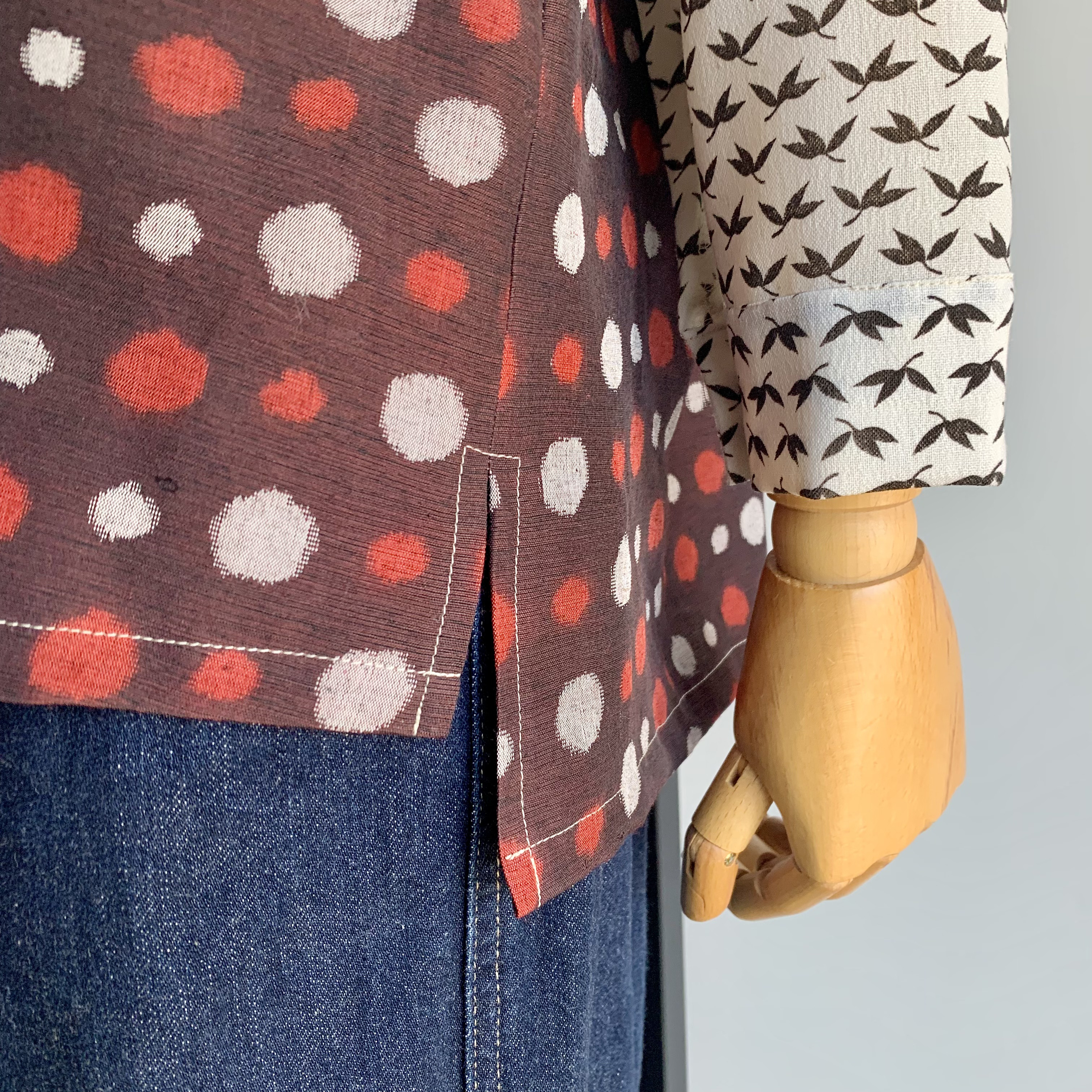 オープンカラー　シャツ【送料無料】着物リメイク　ブラウン