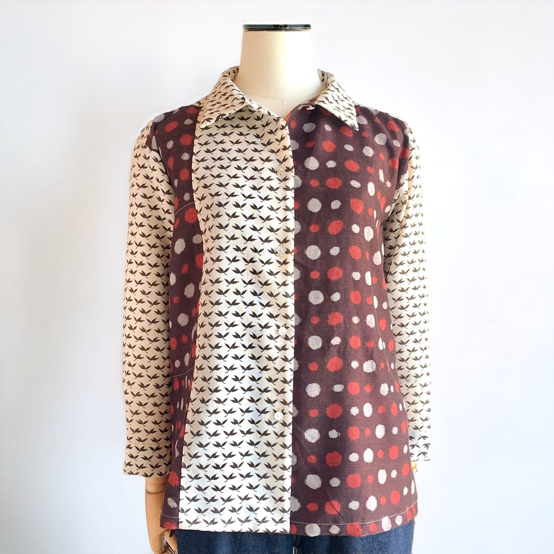 オープンカラー　シャツ【送料無料】着物リメイク　ブラウン