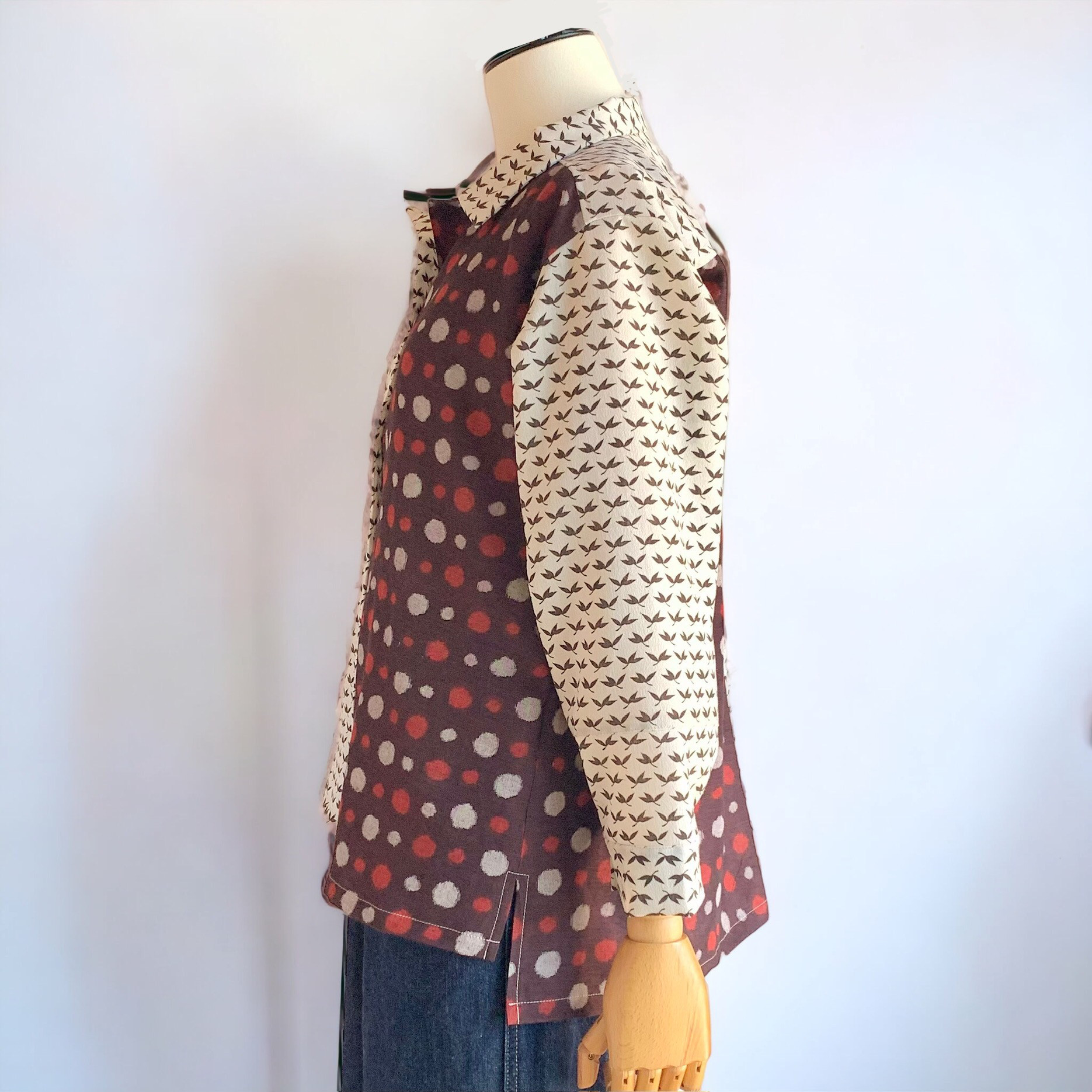 オープンカラー　シャツ【送料無料】着物リメイク　ブラウン