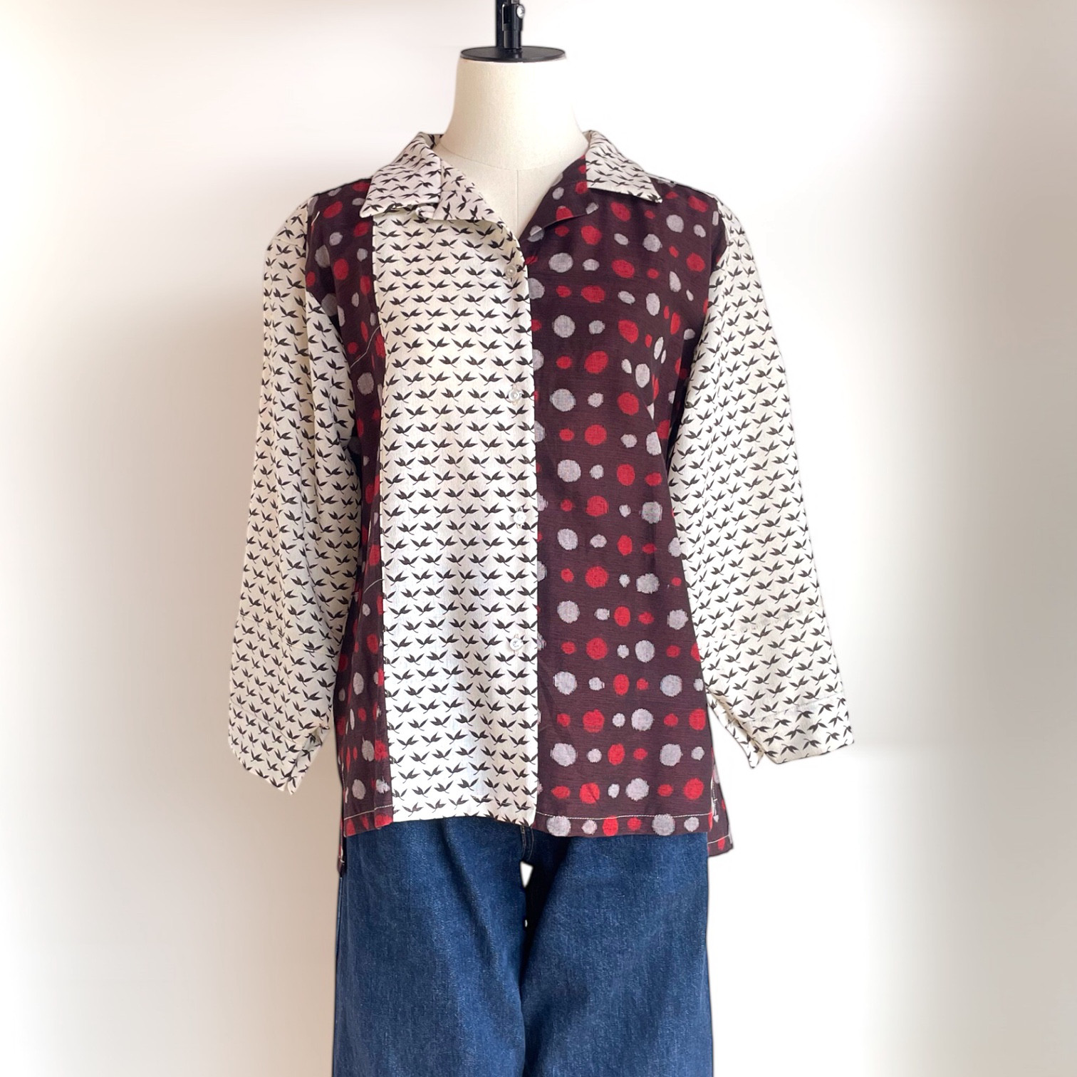 オープンカラー　シャツ【送料無料】着物リメイク　ブラウン