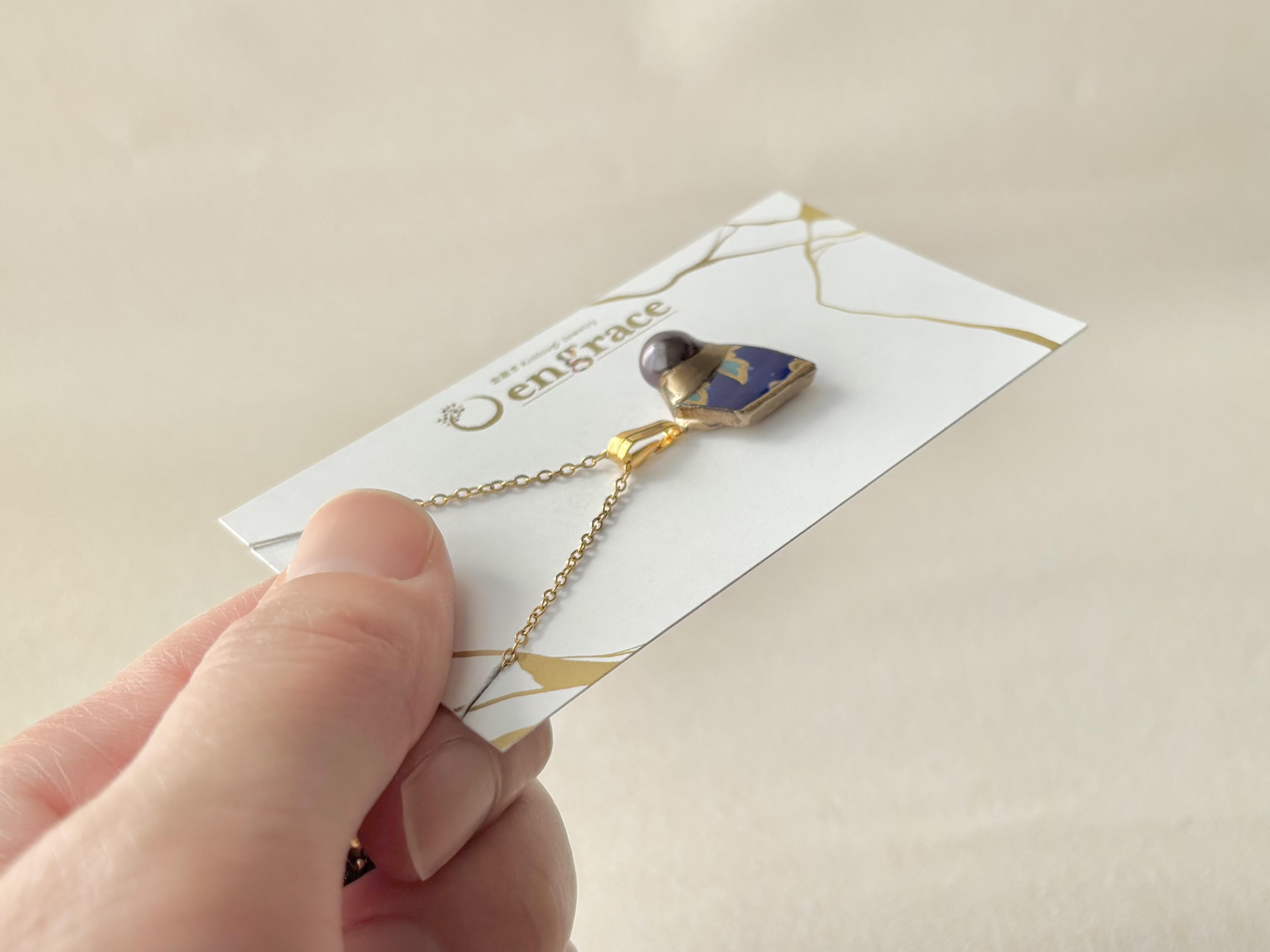 有田焼　金継ぎ　ネックレス　サージカルステンレスチェーン　アレルギー対応　18K　リーフ柄　淡水パール　伝統工芸#479