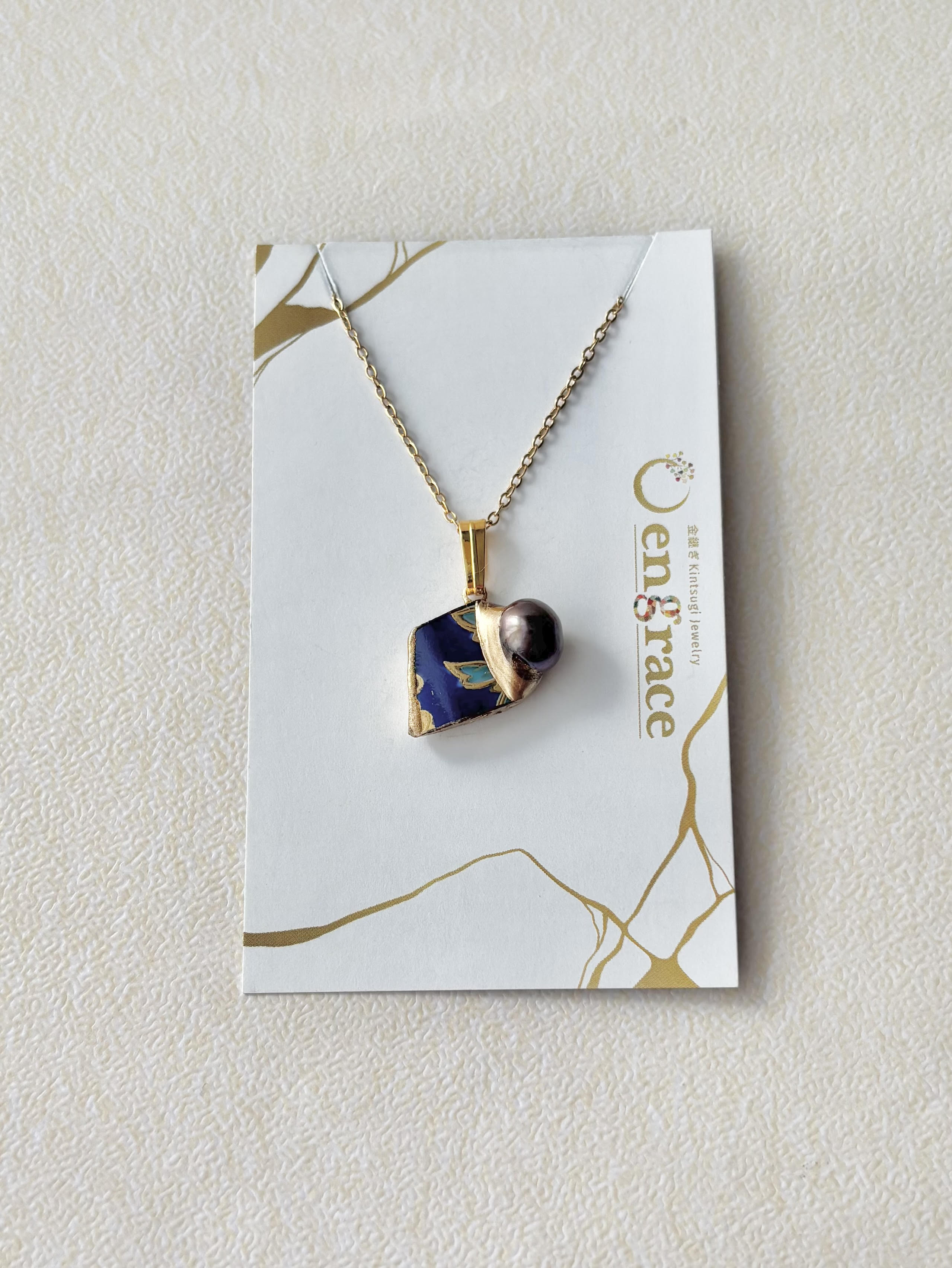 有田焼　金継ぎ　ネックレス　サージカルステンレスチェーン　アレルギー対応　18K　リーフ柄　淡水パール　伝統工芸#479