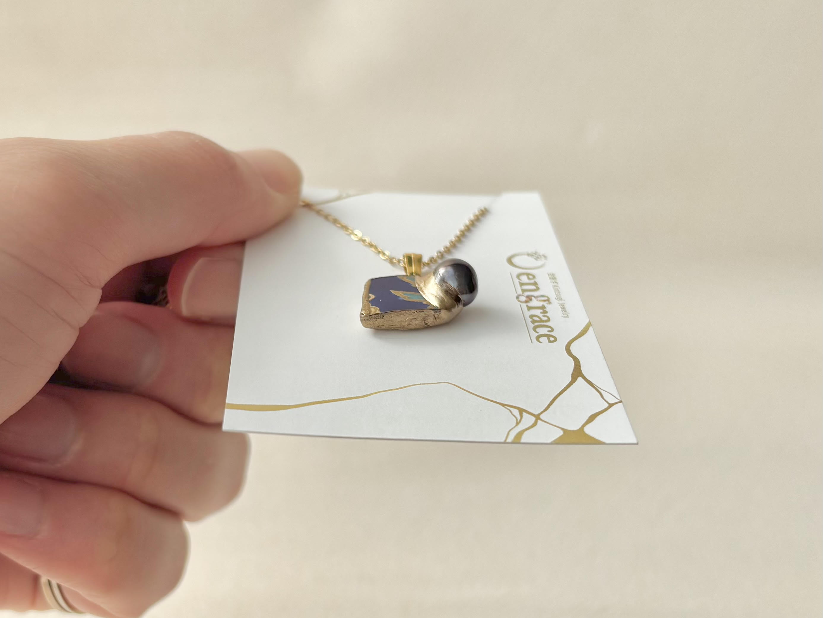 有田焼　金継ぎ　ネックレス　サージカルステンレスチェーン　アレルギー対応　18K　リーフ柄　淡水パール　伝統工芸#479