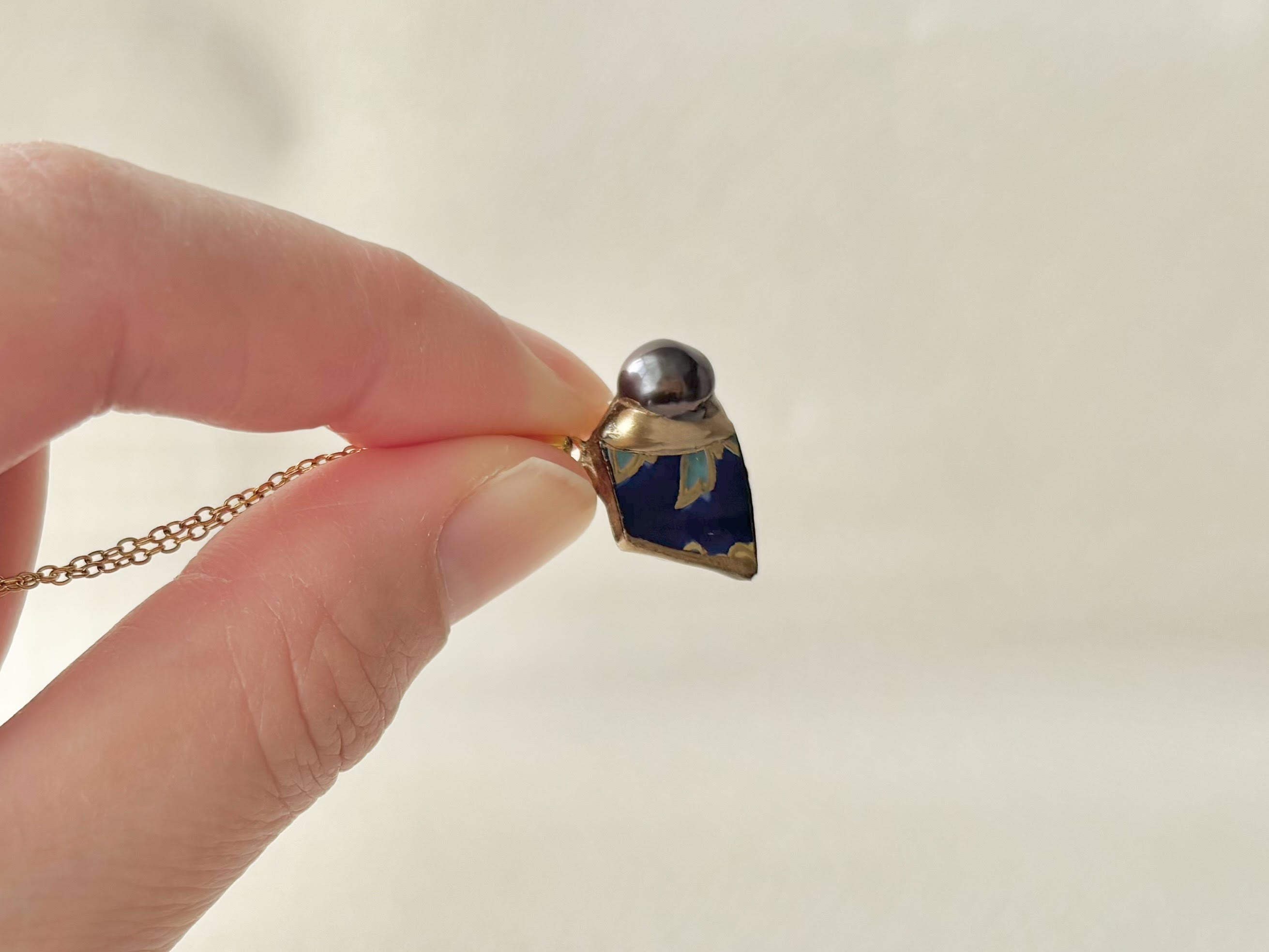 有田焼　金継ぎ　ネックレス　サージカルステンレスチェーン　アレルギー対応　18K　リーフ柄　淡水パール　伝統工芸#479