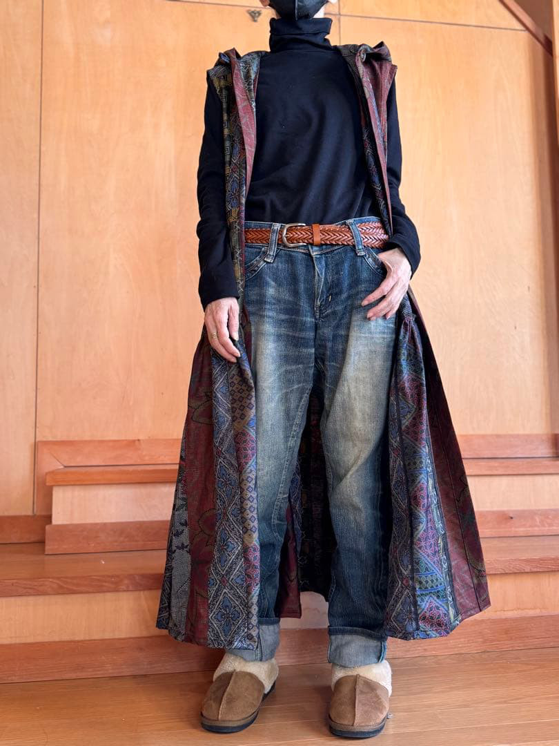 一点もの/SAYOCAFE着物再構築シリーズ、大島紬パッチワークのロングジレ