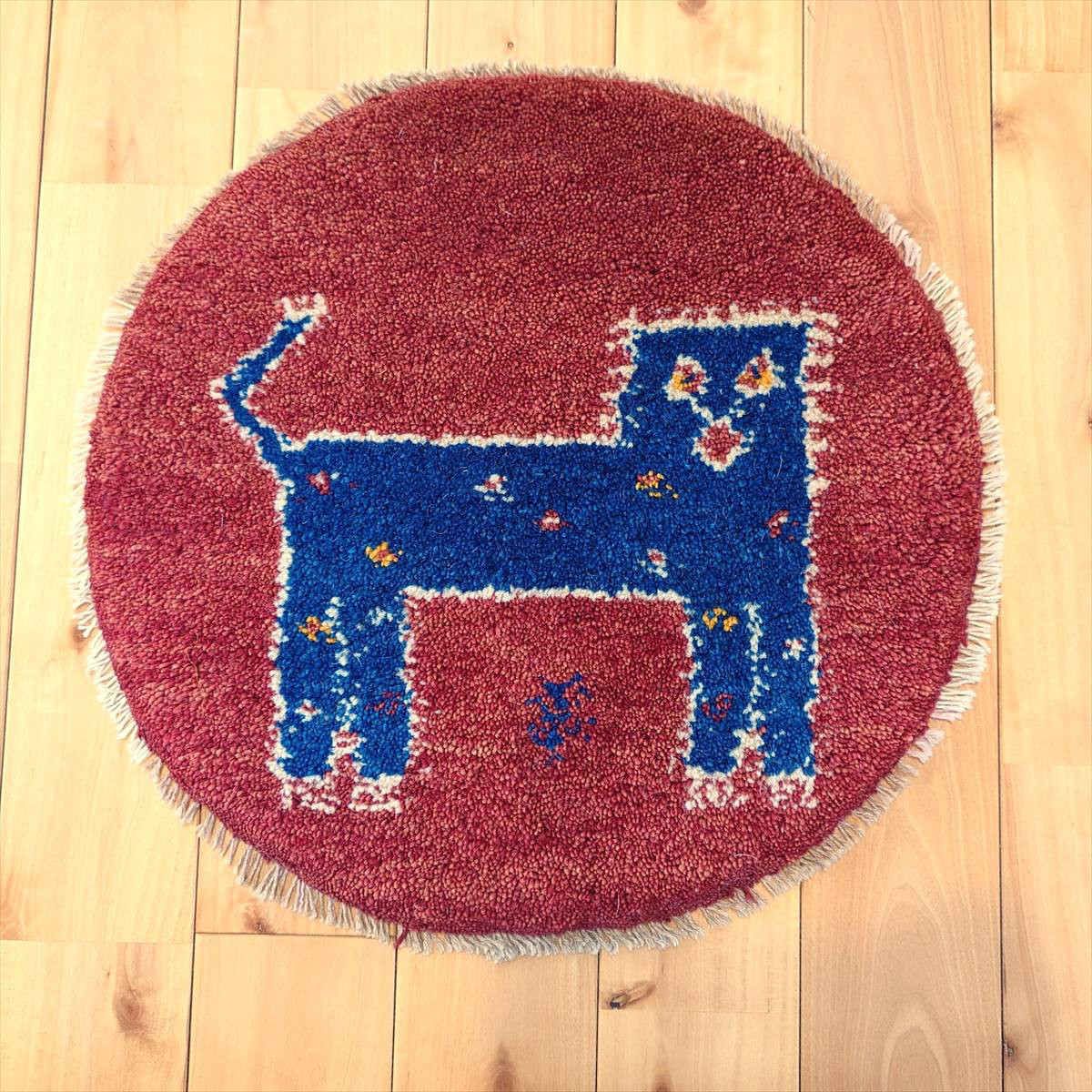 ペルシャ　ギャッベ ミニマット 円形　ラグ　約40Φ40cm　赤色 ライオン　Z2822